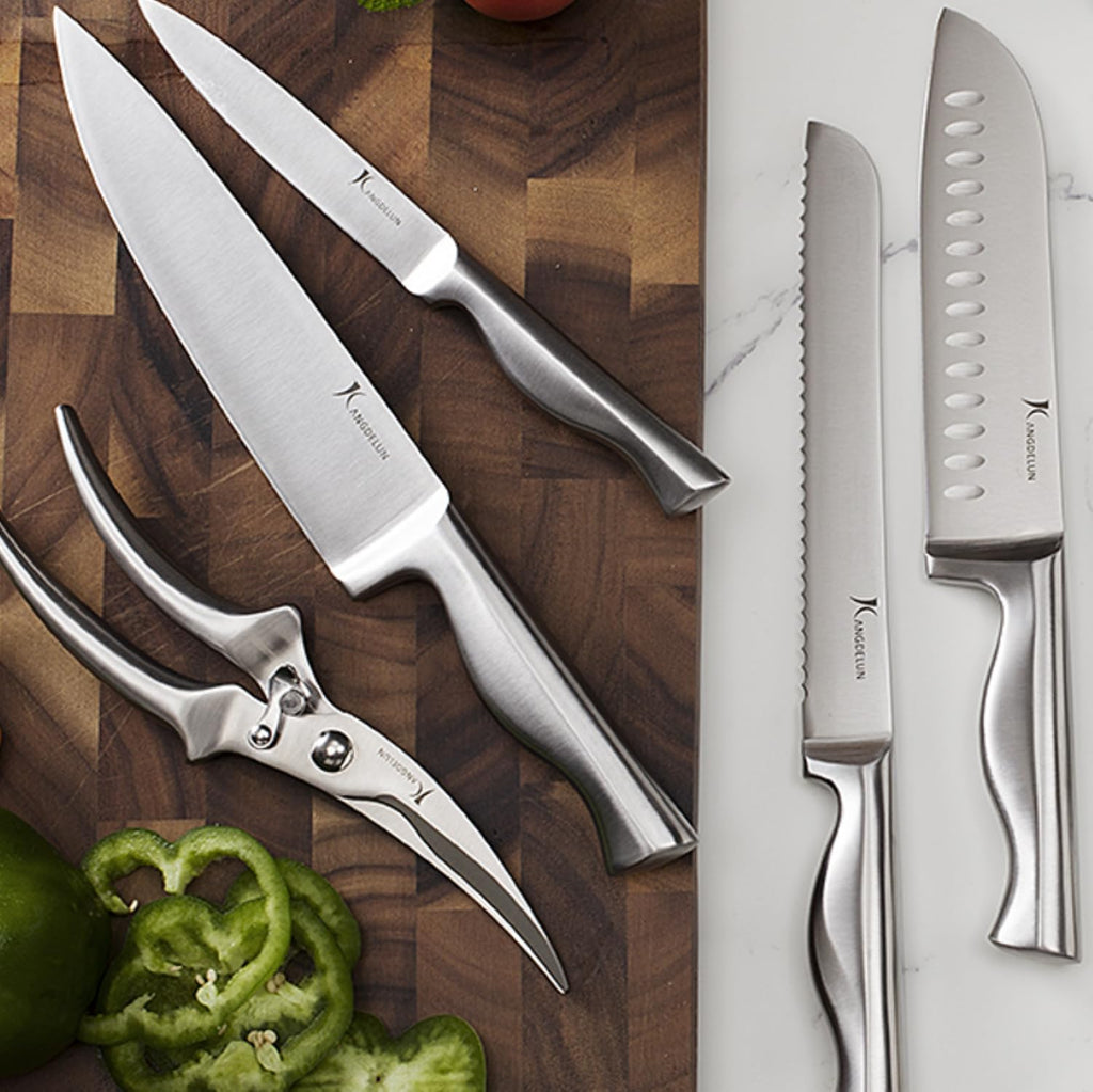 KANGDELUN 15‑Pc Kitchen Knife Set w/Block & Sharpener, Ultra Sharp 50Cr15MoV High Carbon Stainless Steel Blades, Ergonomic Anti‑Slip Handles, Angled Wood Block, Chef Knife, 6 Steak Knives & Shears