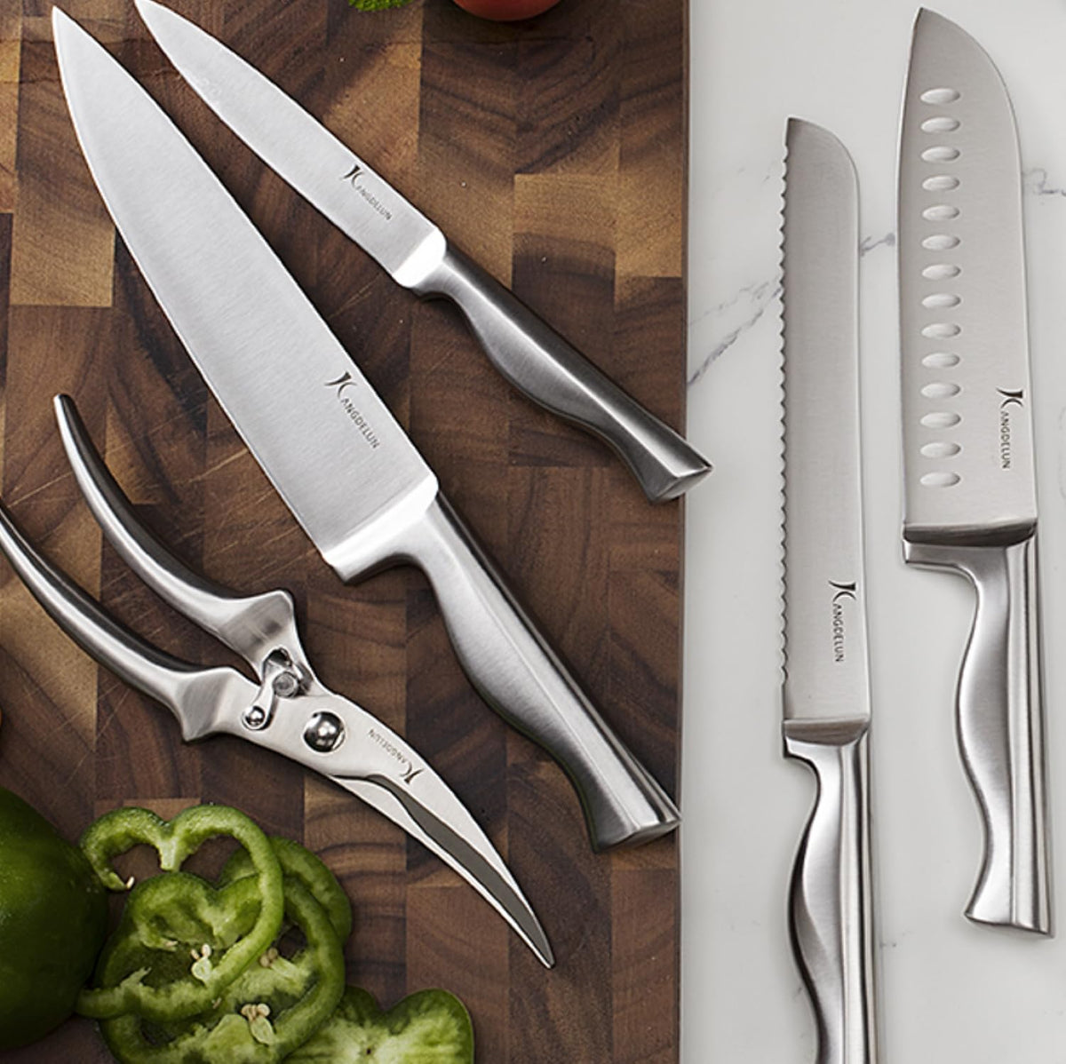 KANGDELUN 15‑Pc Kitchen Knife Set w/Block & Sharpener, Ultra Sharp 50Cr15MoV High Carbon Stainless Steel Blades, Ergonomic Anti‑Slip Handles, Angled Wood Block, Chef Knife, 6 Steak Knives & Shears