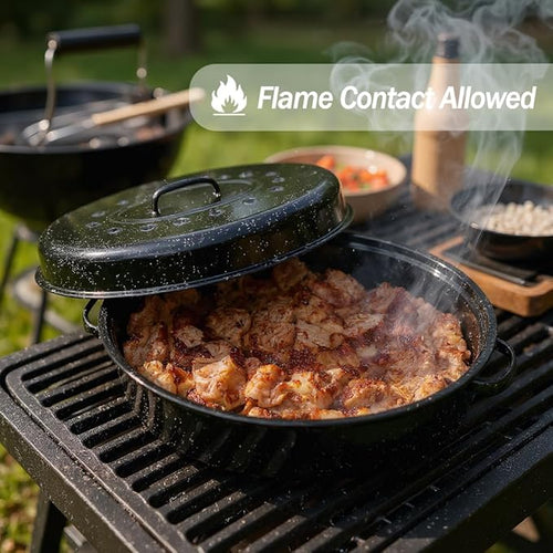 15"Oval Roasting Pan With Lid Small Chicken Roaster,With 13.7in Inner Diameter Enamel Steel Roasting Pot Suitable for Outdoors Family Dinnerhigh Temperature Resistance Holiday Gifts