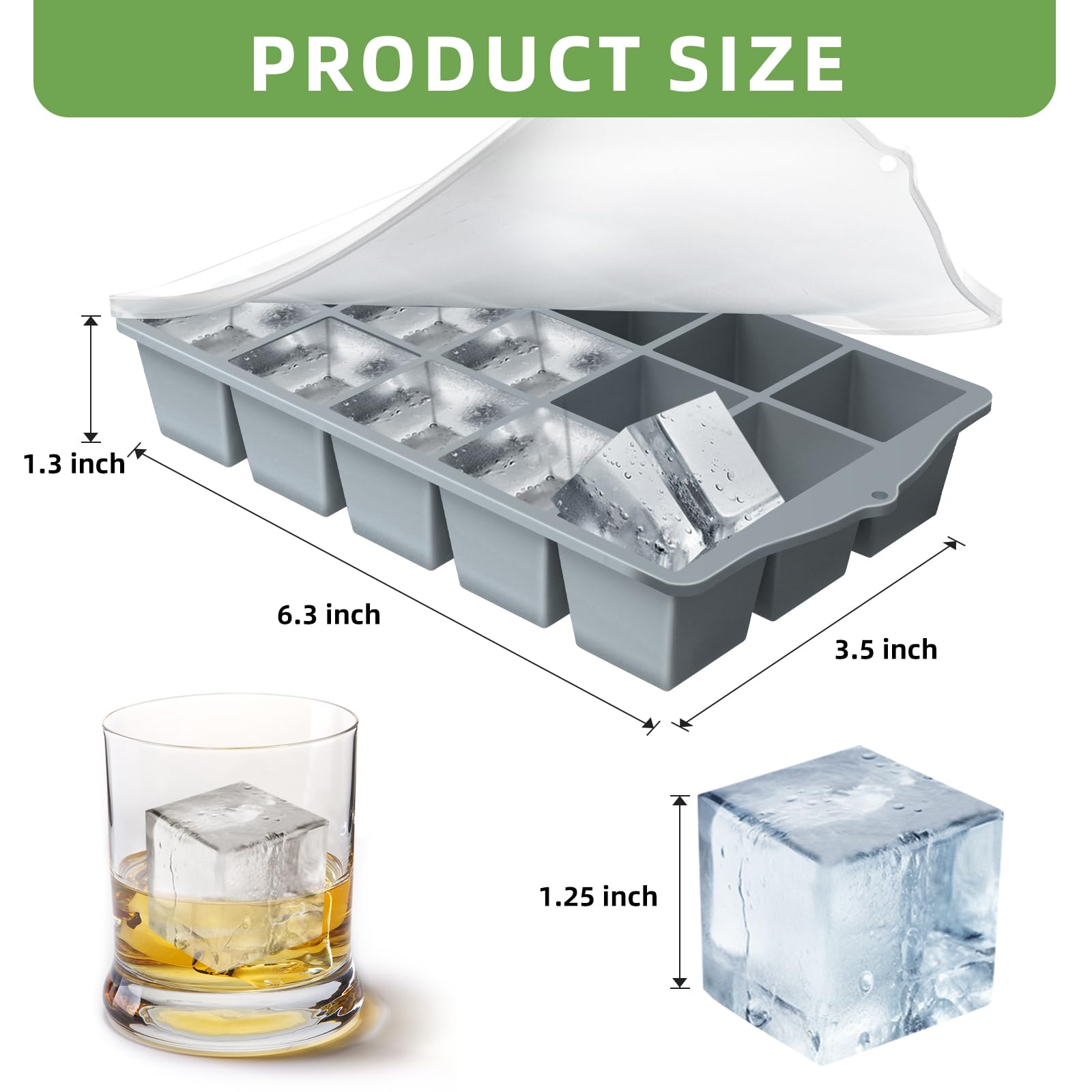 FANYITY Silicone Ice Cube Tray with Lid, Gray, Pack of 2 Ice Cube Moulds, Silicone Mould, BPA-Free, Stackable Ice Cube Tray, Ice Cube Trays for Baby Porridge, Cocktail, Whiskey, Coffee