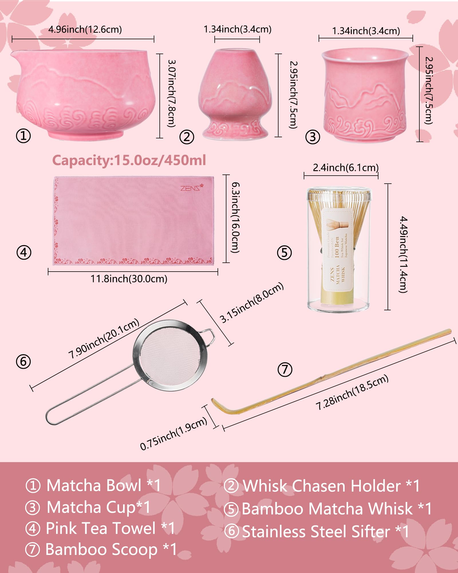 ZENS 7pcs Matcha Set, Matcha Whisk Set Includes Pink Bowl and Cup for Bamboo Whisk, (Chasen Holder), Scoop, 304 Sifter and Tea Mat, Pink Matcha Kit for Matcha Lovers