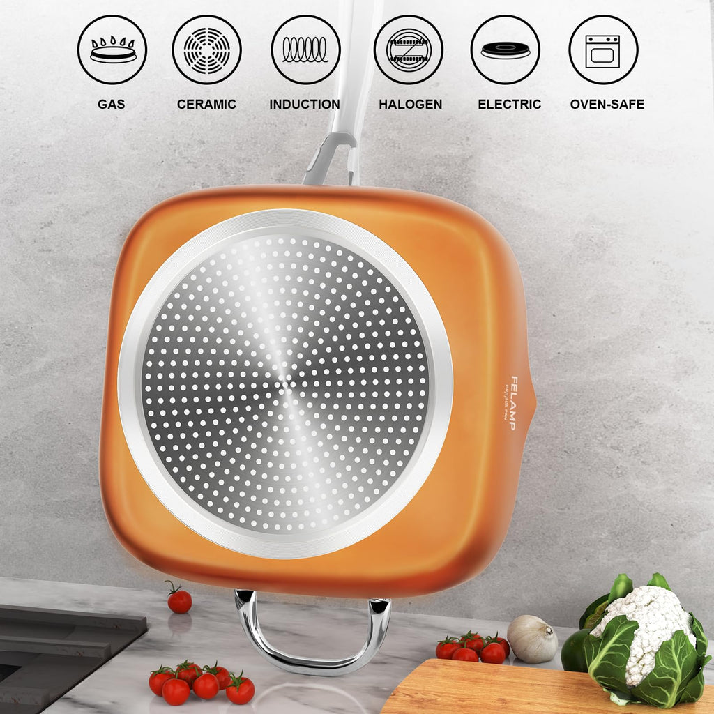 FELAMP 9.5-Inch Ceramic Nonstick Deep Square Frying Pan Set with Glass Lid, Stainless Steel Fry Basket & Steamer Rack, Induction Compatible, Oven &Dishwasher Safe, 4-Piece Copper Pan Chef Cookware Set