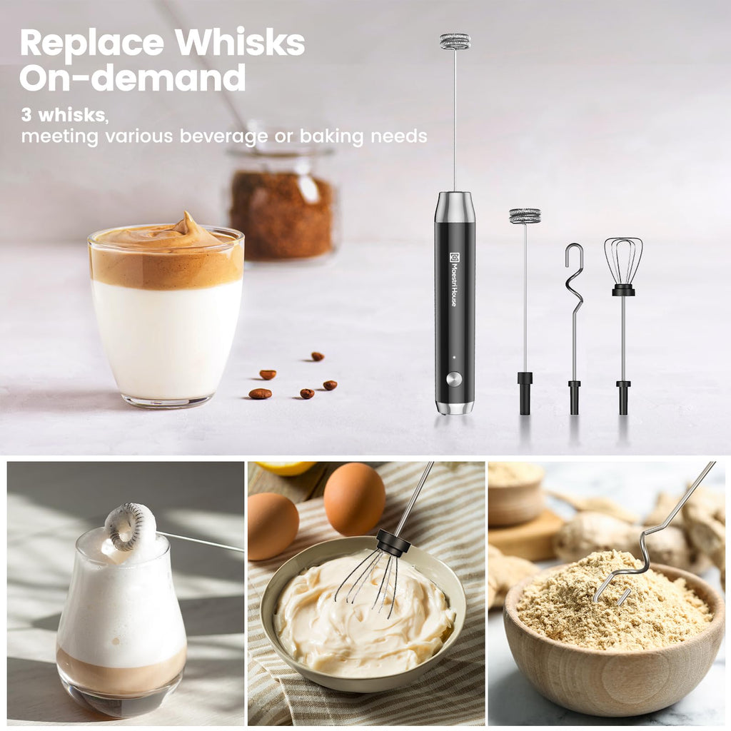Maestri House Rechargeable Milk Frother,Stand & 3 Detachable Whisks