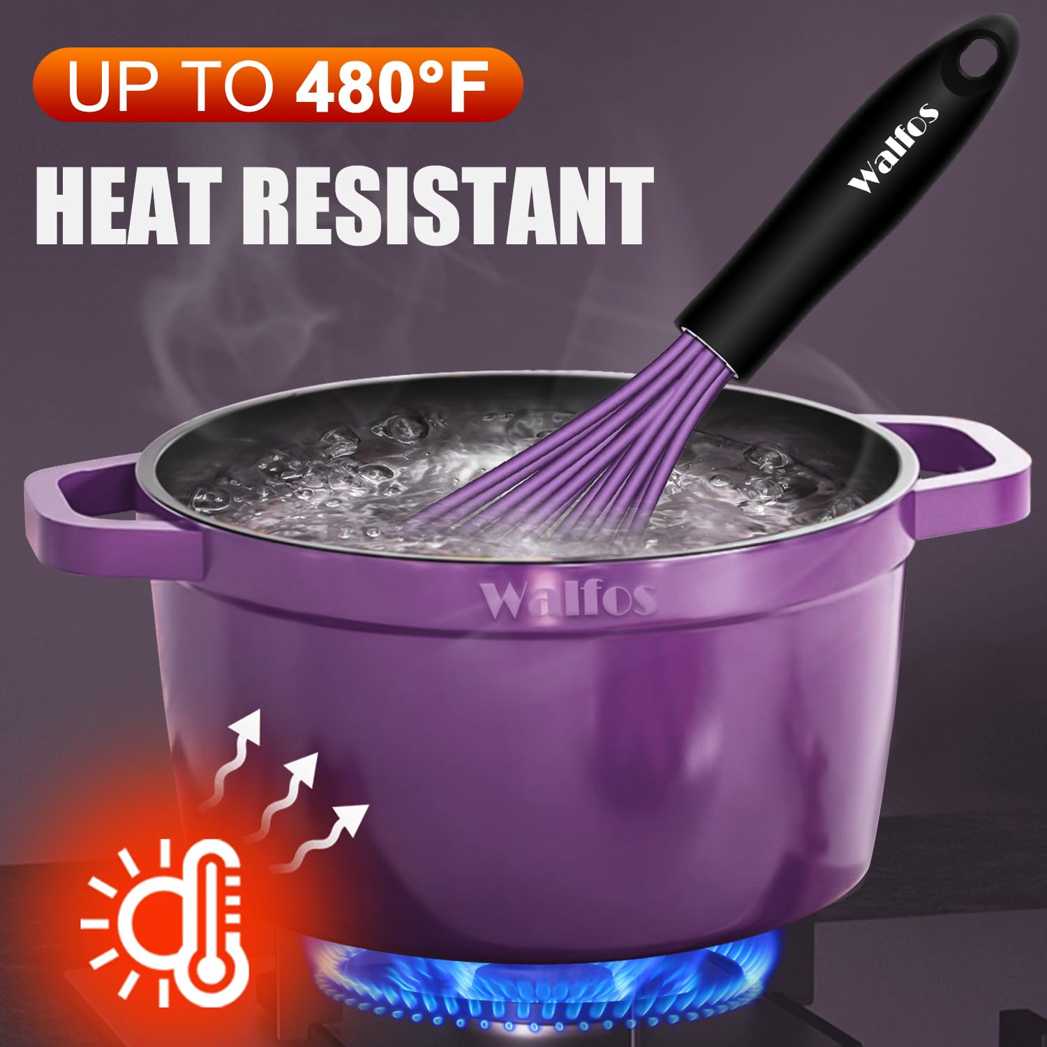 Walfos Whisk, Silicone Whisks Set of 5, Mini Stainless Steel Whisk 7+5in & Non Scratch Coated 7+9+11in Whisks, Suitable for Blending, Whisking, Beating, Frothing & Stirring. (Purple)