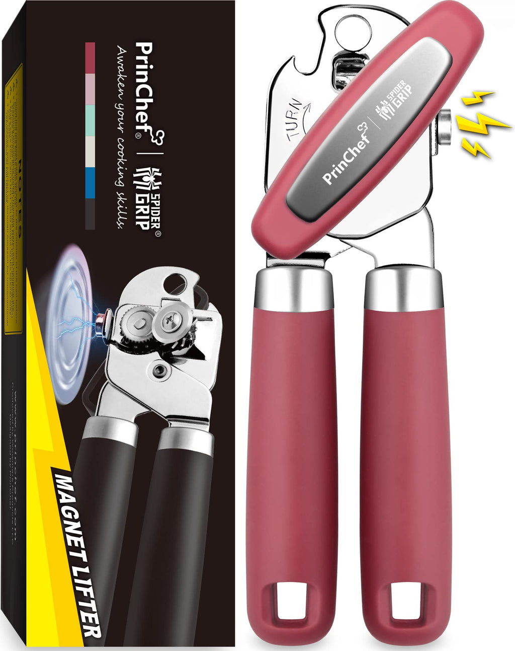 PrinChef Can Opener Manual, Can Tin Bottle Opener with Magnet - No-Trouble-Lid-Lift, Handheld Can Opener Smooth Edge with Sharp Blade, Heavy Duty and Easy to Use, for Seniors with Arthritis, Red