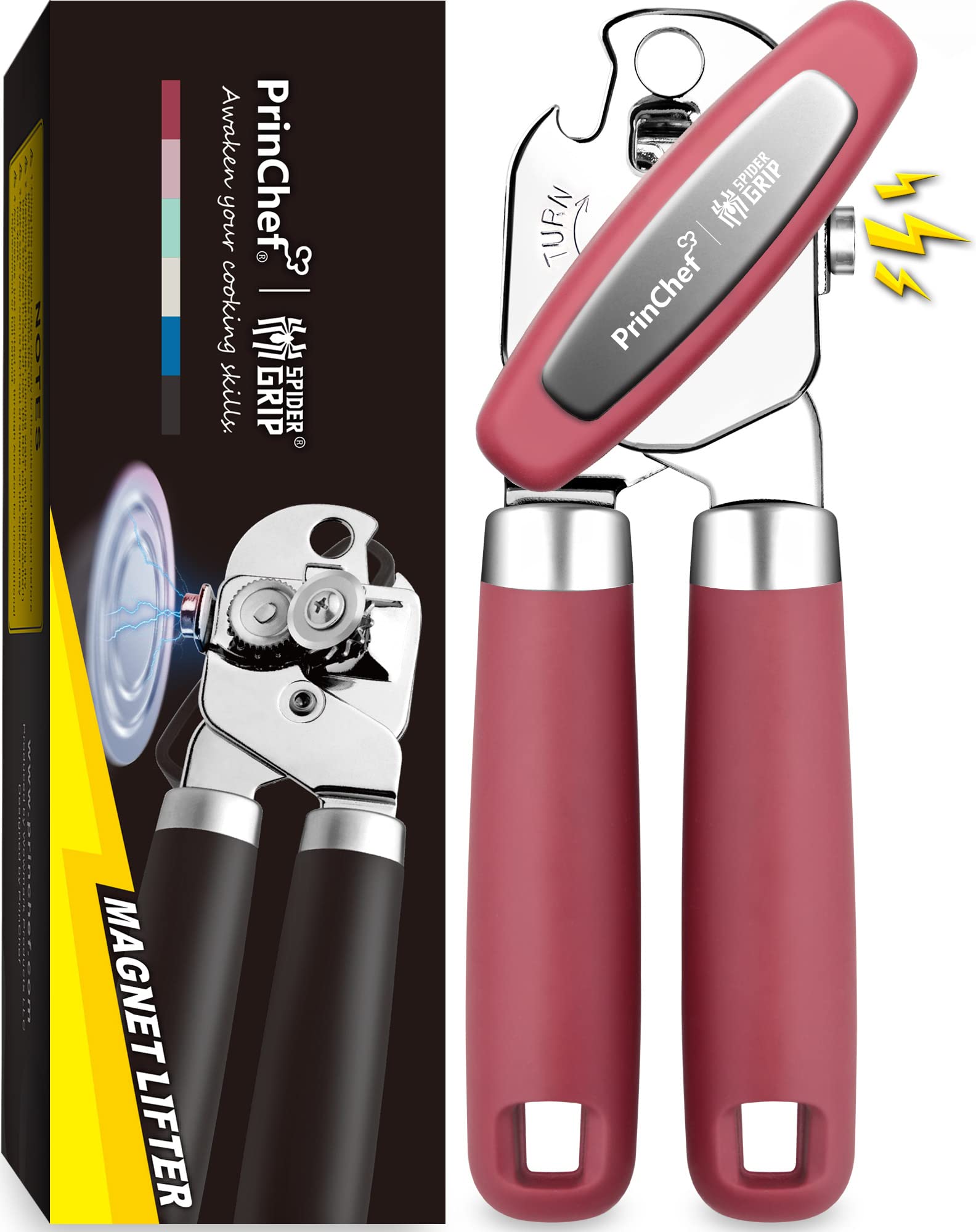 PrinChef Can Opener Manual, Can Tin Bottle Opener with Magnet - No-Trouble-Lid-Lift, Handheld Can Opener Smooth Edge with Sharp Blade, Heavy Duty and Easy to Use, for Seniors with Arthritis, Red