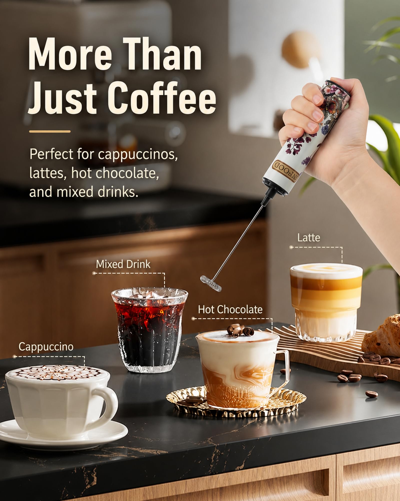 INFOOD Rechargeable Milk Frother with Cover, 2-Speed, 2 Whisks, Floral
