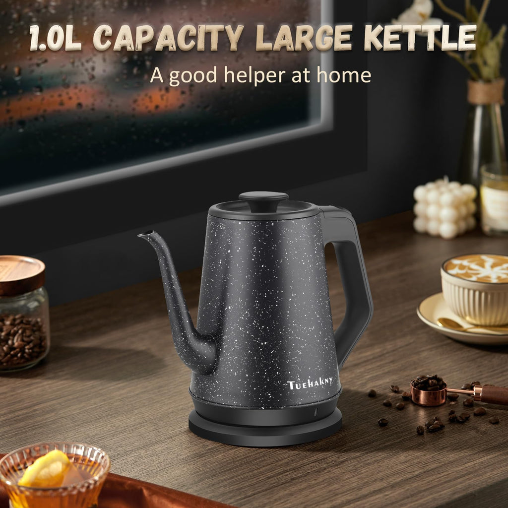 Tuehakny Gooseneck Electric Kettle 1L, 1000W Stainless Steel, Black