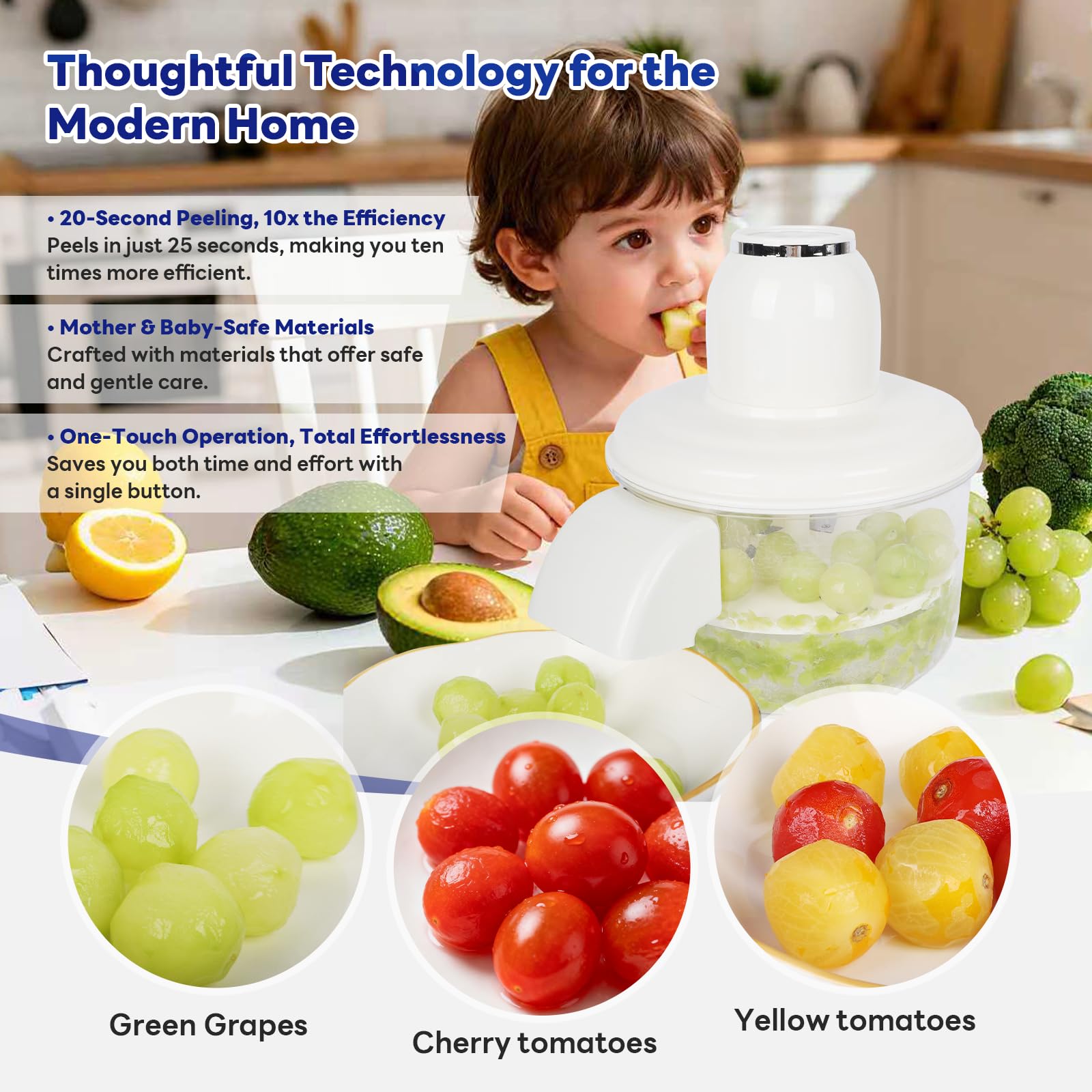 NKDFRI Automatic Grape Peeler Machine, Electric Garlic & Cherry Tomato Peeler Skin Remover Tool for Small Fruits, Effortless Peeling for Home Kitchen (White-1PC)