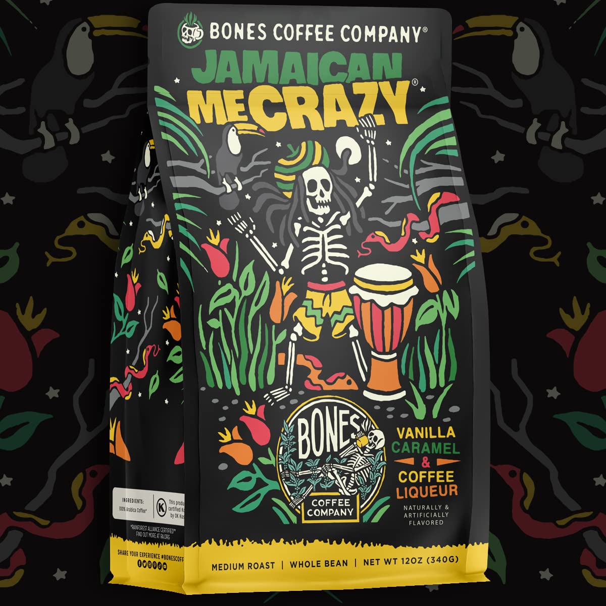 Bones Coffee Company Jamaican Me Crazy, Vanilla Caramel Flavored Coffee, Medium Roast Low Acid Arabica Beans Compatible with Auto drip and French Press Coffee Maker, 12 Oz Whole Bean
