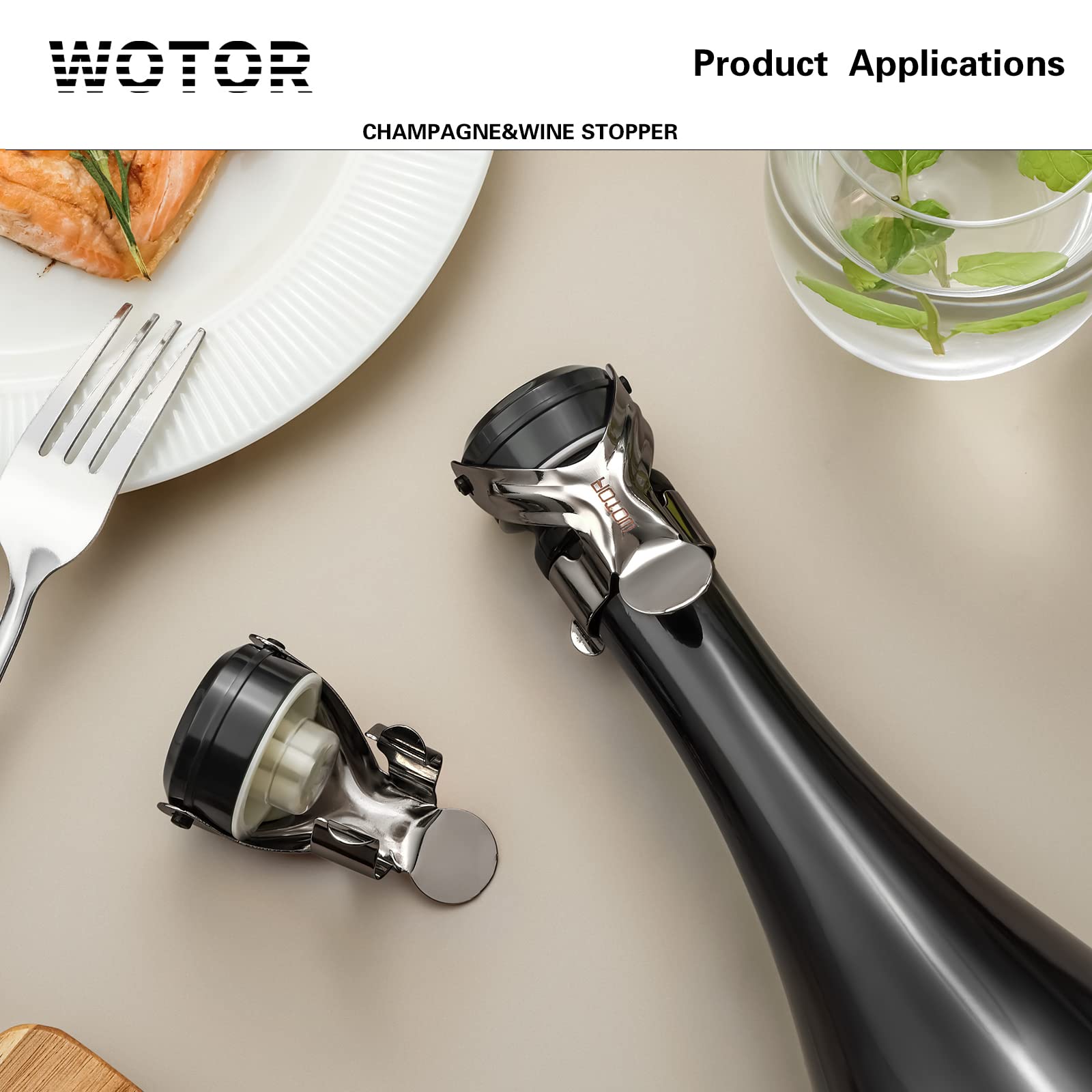 WOTOR Champagne&Wine Bottle Stoppers Stainless Steel with Food Grade Silicone, Leak Proof Keep Fresh Reusable Saver, Cork Suitable for Wine, Champagne, Cava, Prosecco and Sparkling (6 Pack Black）