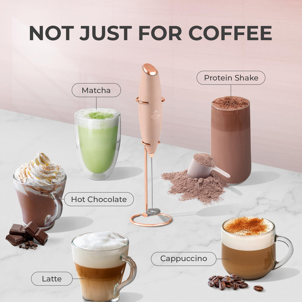 Zulay Kitchen Powerful Milk Frother Wand With Duracell Batteries - Ultra Fast Handheld Drink Mixer - Electric Whisk Foam Maker for Coffee, Lattes, Cappuccino & Matcha - Z1 Motor - Rose Peach