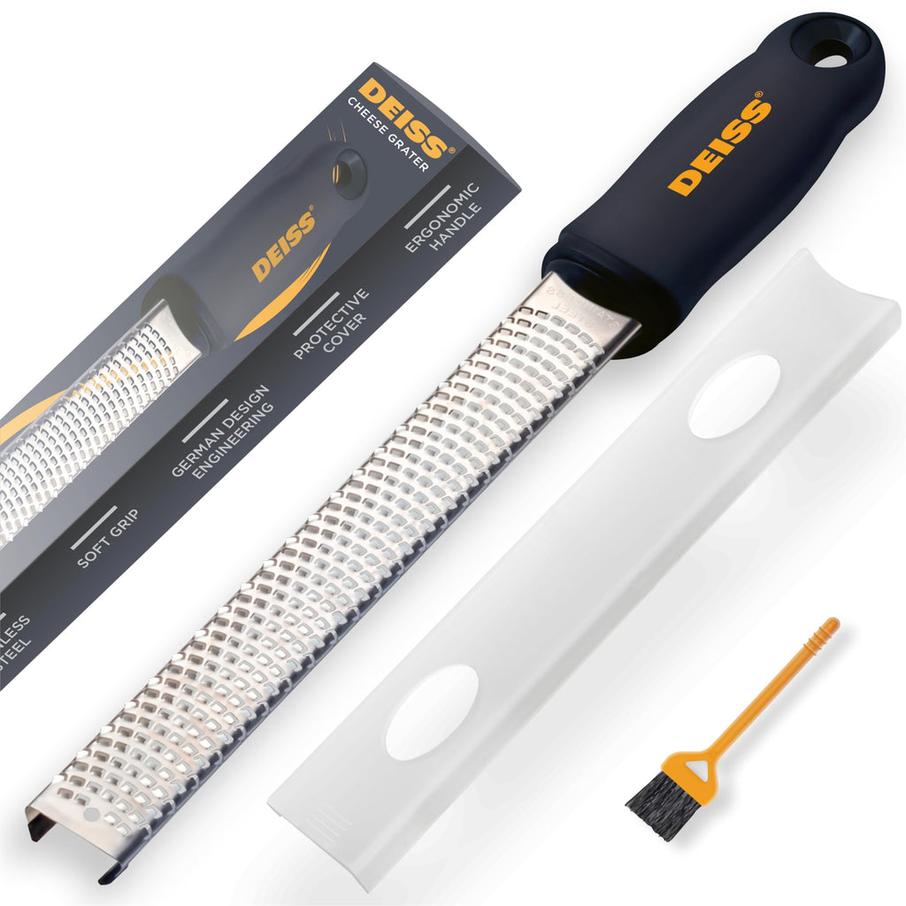 Deiss PRO Citrus Zester & Cheese Grater - Parmesan Cheese Lemon, Ginger, Garlic, Nutmeg, Chocolate, Vegetables, Fruits - Razor-Sharp Stainless Steel Blade, Wide, Dishwasher Safe (BLACK)