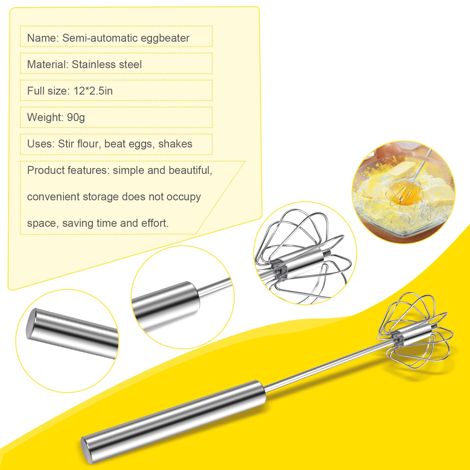 Stainless Steel Egg Whisk, 12 Inch Hand Mixer, Upgraded Semi-automatic Whisk, Ideal For Blending, Whisking, Baking tool, Beating Eggs, Butter & Milk, Suitable For Home Kitchen Use.
