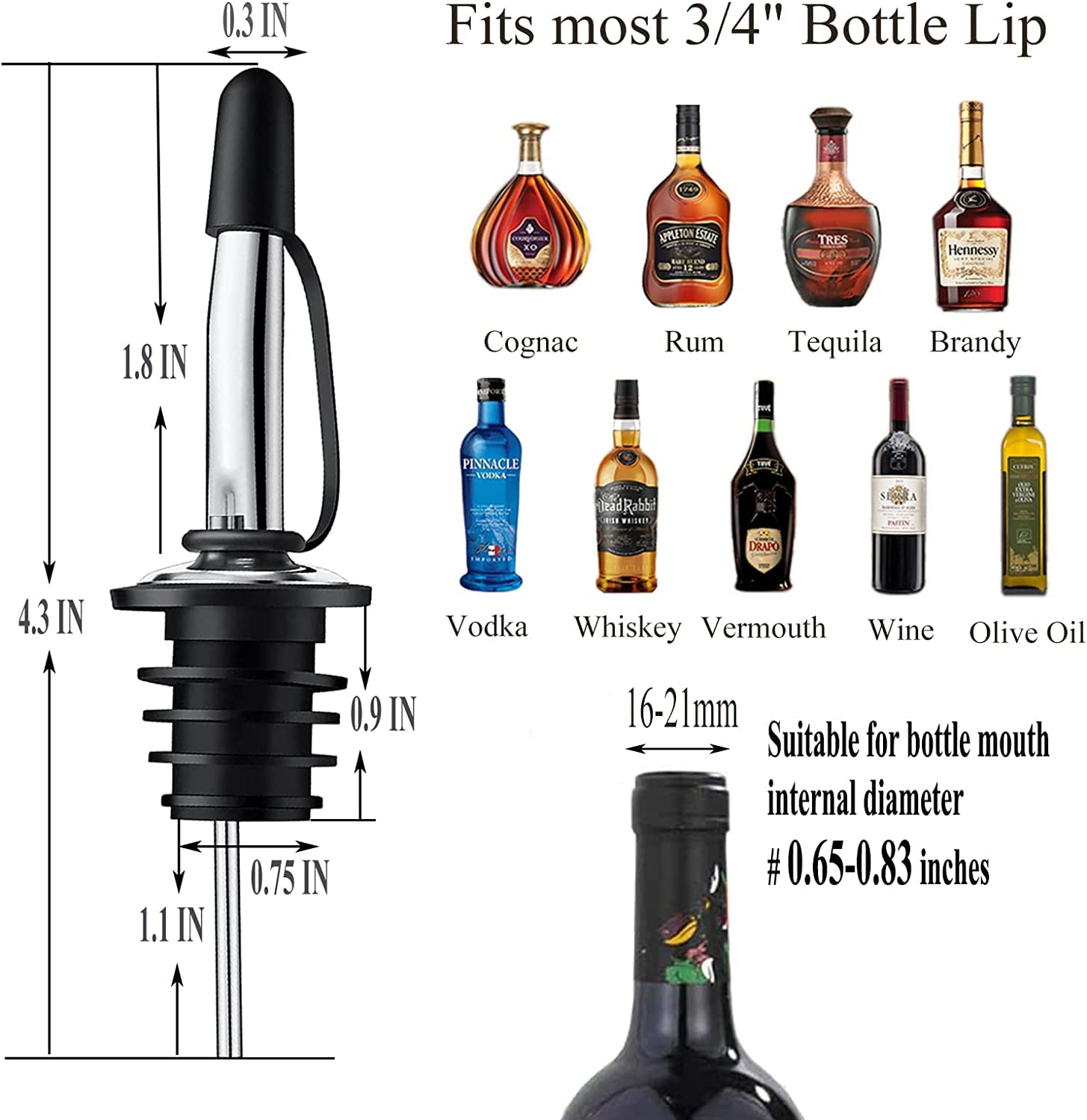 Pafusen 6 Pack Liquor Bottle Pourers, Liquor Pour Spout for Liquor Bottles, Stainless Steel Olive oil Dispenser Spout, Alcohol Pourer Spouts Dust Caps Covers Fixed, Sliver