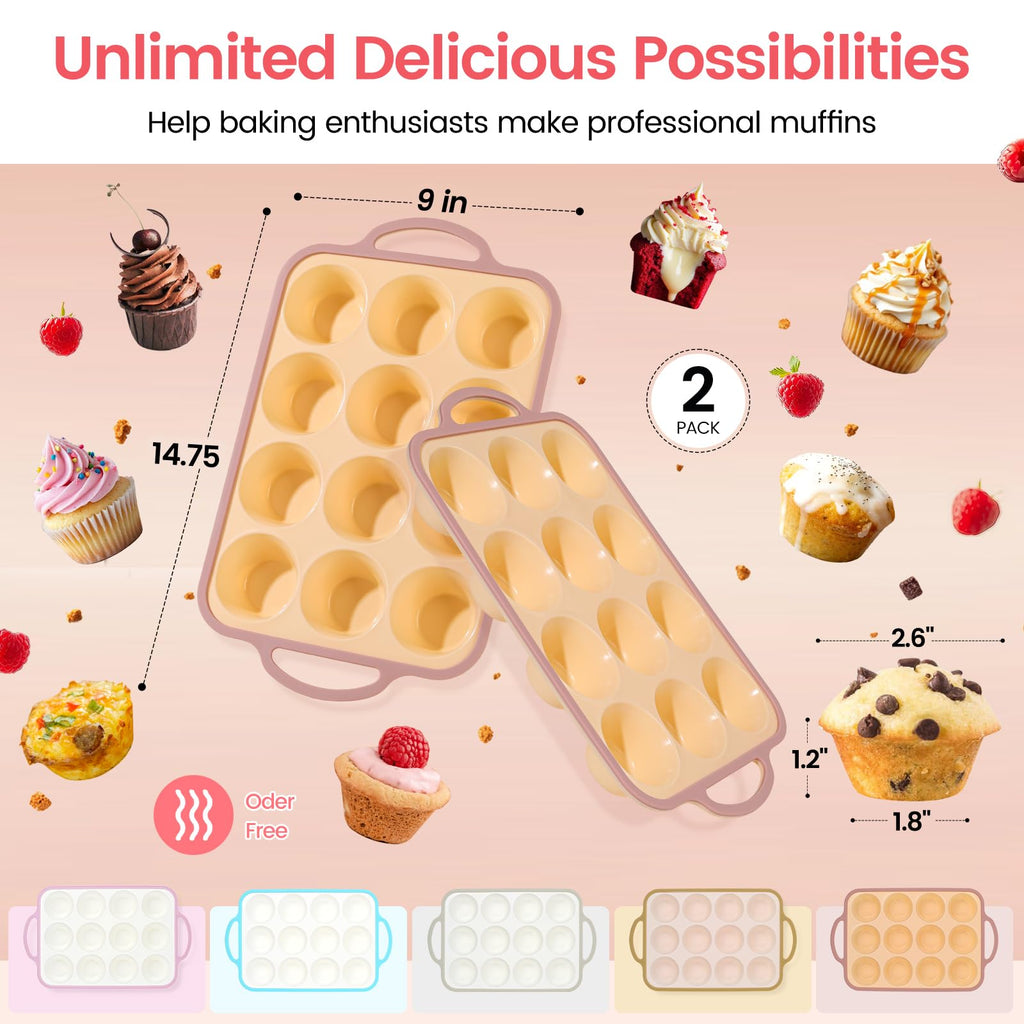 Fimary Silicone Muffin Pans for Baking 2 Pack, 2.6 Inch with Metal Reinforced Frame, Regular Size Nonstick Silicone Cupcake Pan for Baking Homemade Muffins, Cupcakes, Dishwasher Safe BPA Free-Yellow