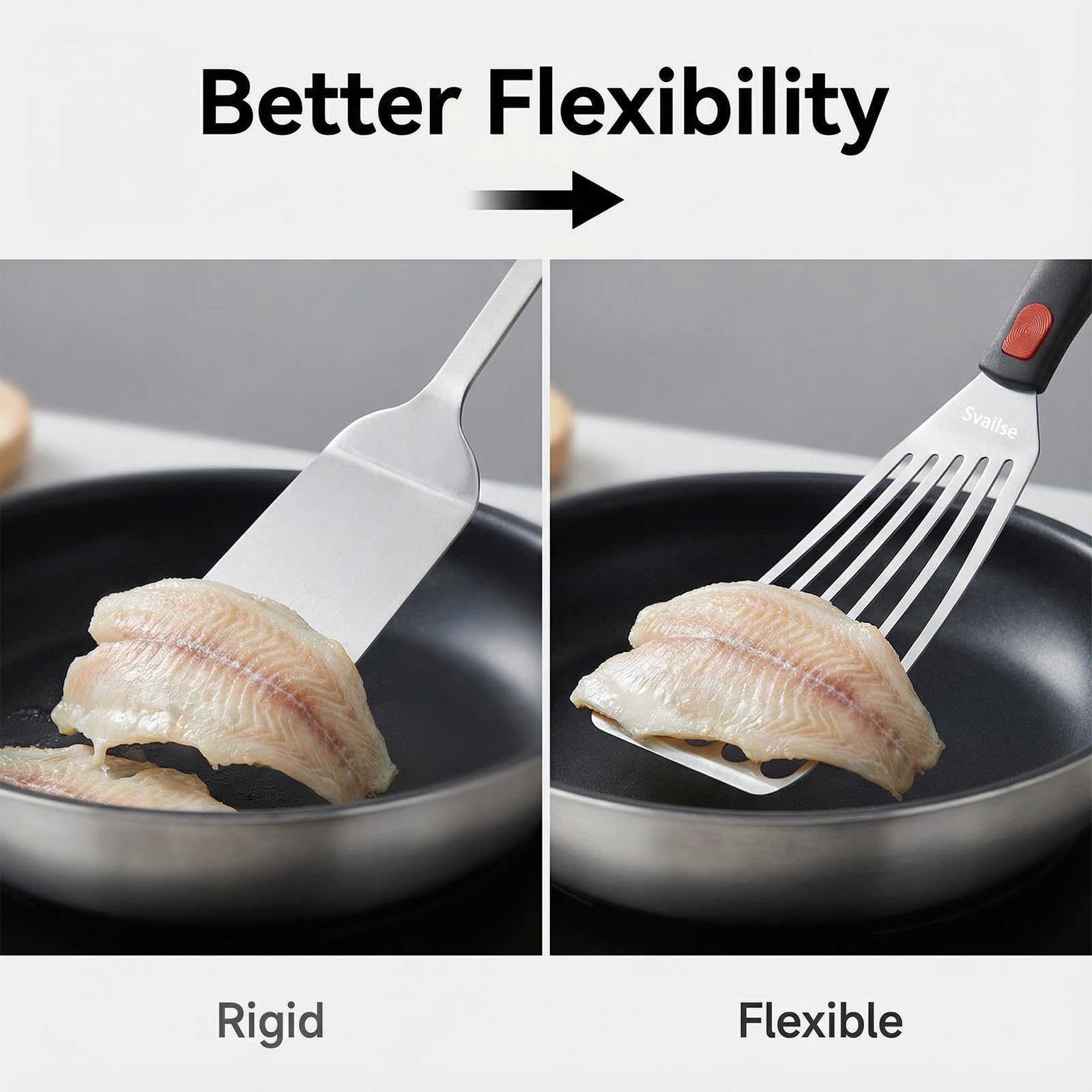 Fish Spatula Stainless Steel, Flexible Metal Spatulas with Silicone Handle, Slotted Turner for Kitchen, Cooking, Grilling, Flipping, Turning, Egg, Pancake and Burger (Small, 10.3 Inch)