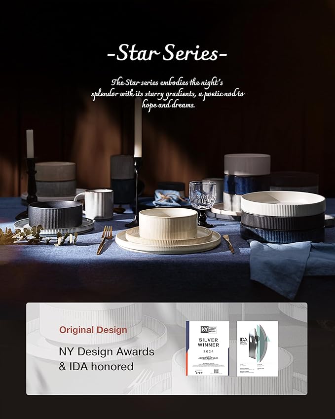 famiware Star 8.25" Pasta Bowls, Large Dinner Bowls Set of 6, Salad Bowl Plates, Shallow Bowls for Eating, Cappuccino White