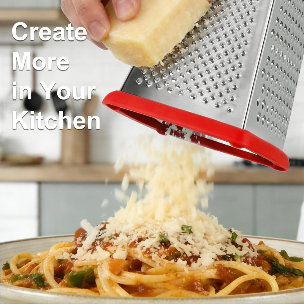 Ourokhome Cheese Grater with Handle, Stainless Steel Box Grater, 4 Side Kitchen Vegetable Shredder Slicer Zester with Container for Parmesan, Cabbage, Ginger, Lemon, Chocolate, Coconut (Red)