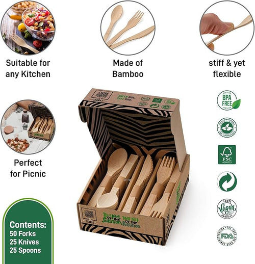 2 ZEBRAZ Bamboo Cutlery Set 100pc Disposable - 50 Fork 25 Knife 25 Spoon