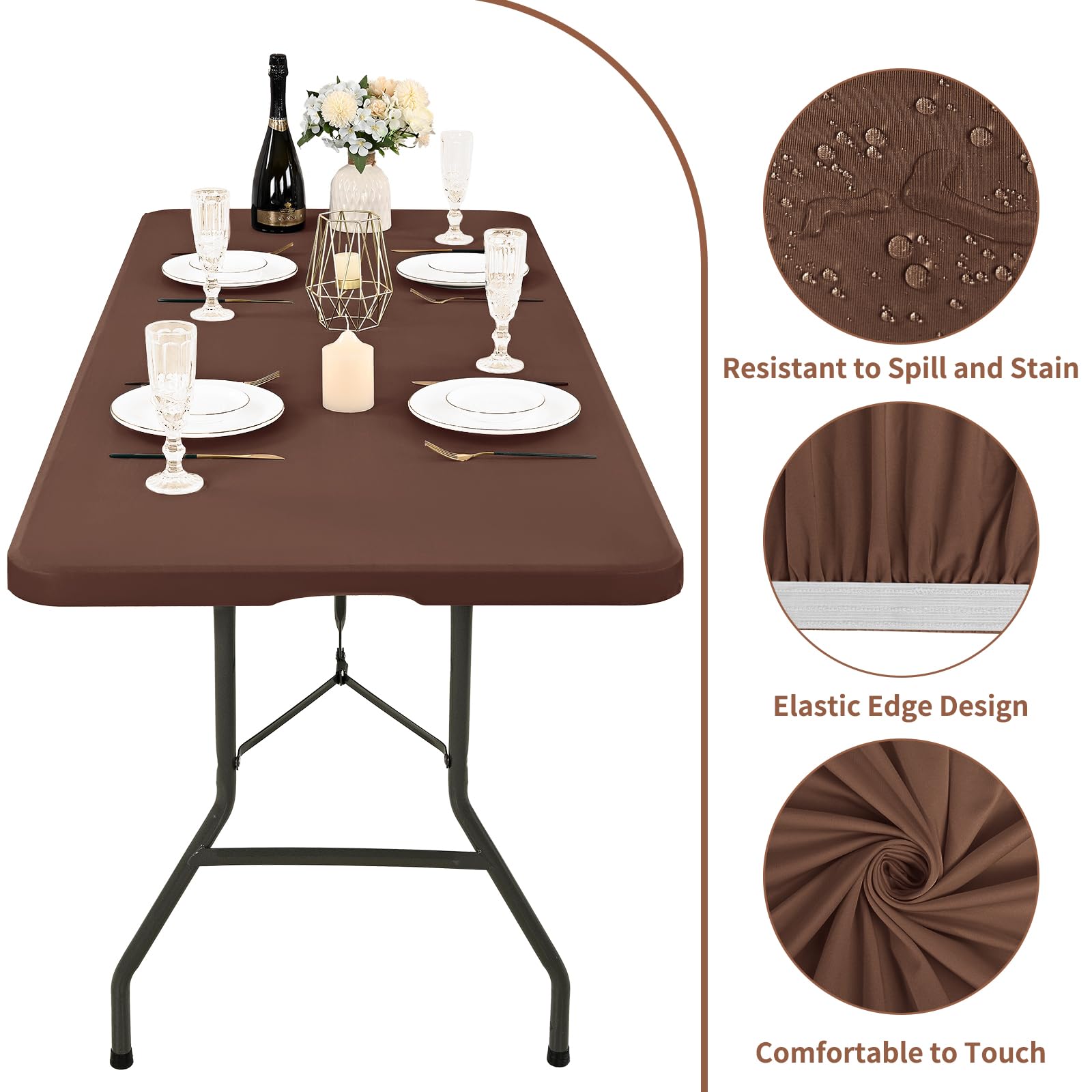 REWOMC 6 Pack Stretch Fabric Table Top Cap Cover, fits 6' Tables, Spandex Table Covers Washable Elastic Rectangle Tablecloth Protector for Indoor Outdoor Party Picnic Wedding, Coffee, 30" W x 72" L