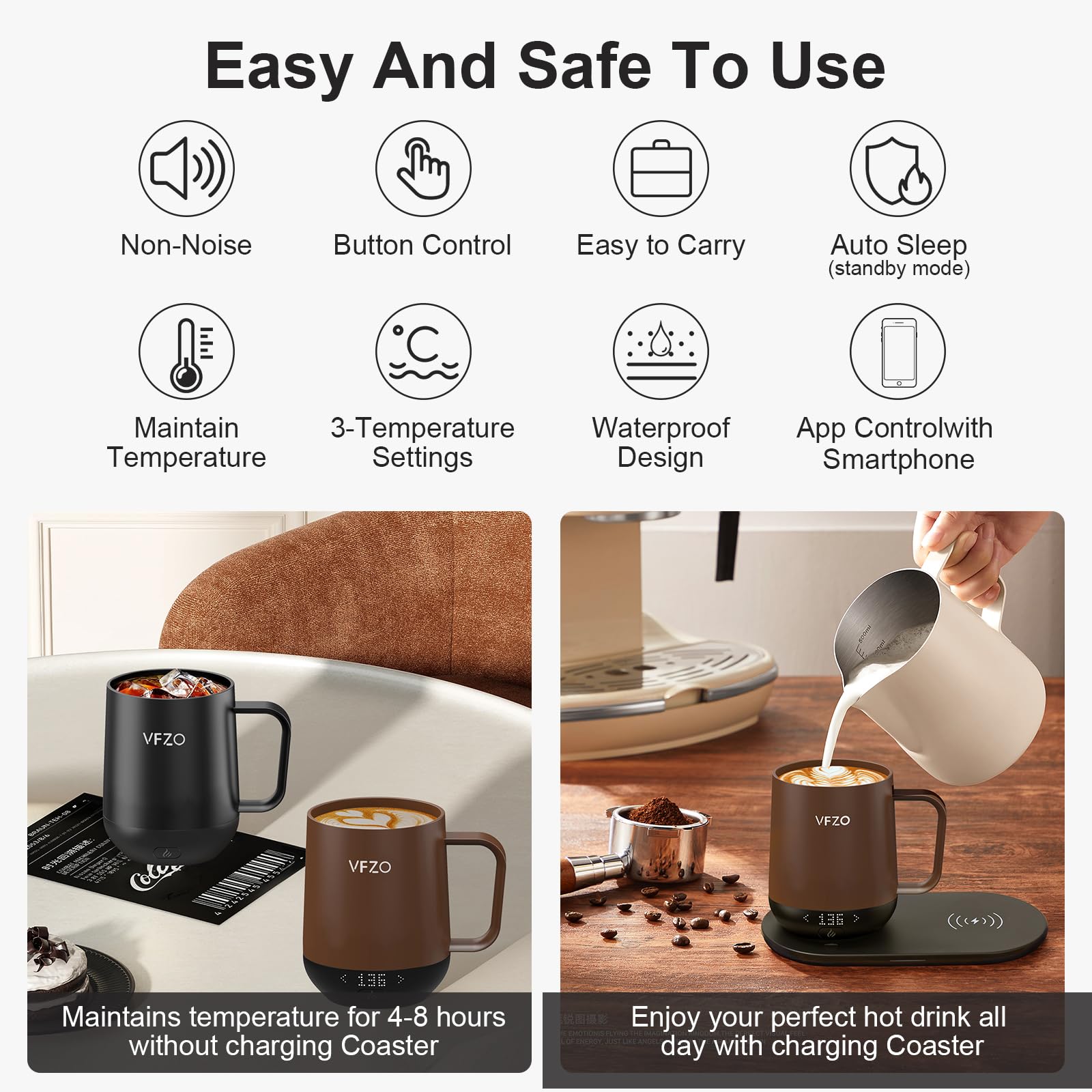 VFZO Temperature Control Smart Mug, Self Heating Coffee Mug LED Display, 180 Min Battery Life - Hot up to 149℉ Fast Wireless Charger Base Improved Design (12oz, Coffee)
