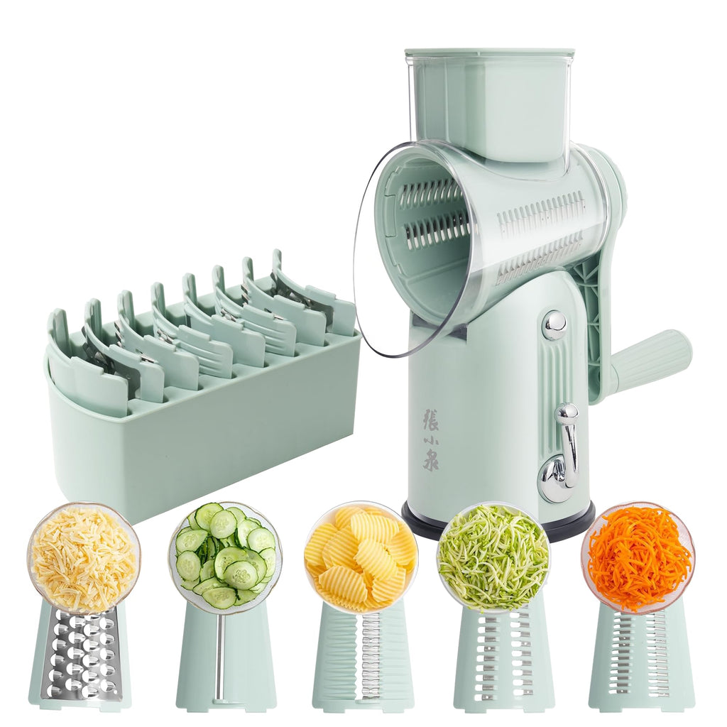 Rotary Cheese Grater 5 Blades Mandoline Slicer for Vegetable, Green