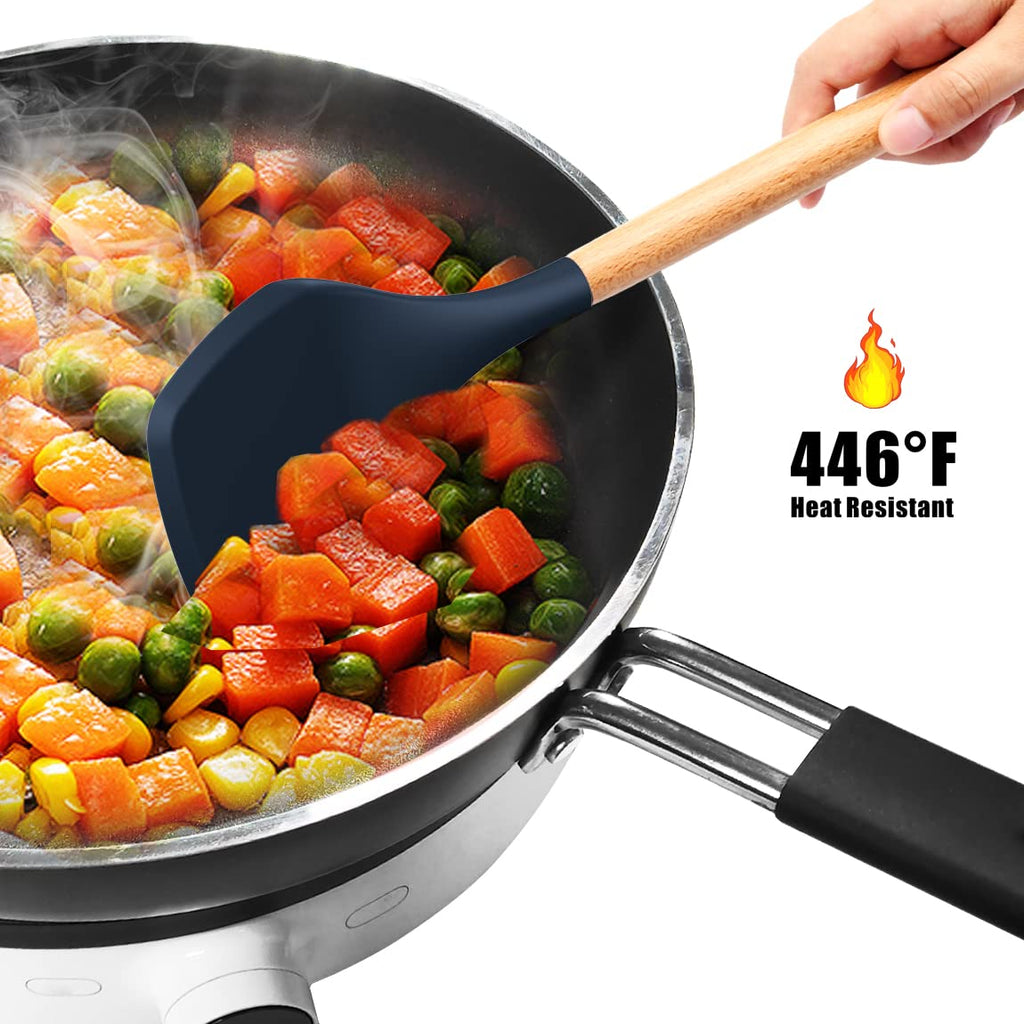 oannao Silicone Cooking Utensils Set - 446°F Heat Resistant Silicone Kitchen Utensils for Cooking,Kitchen Utensil Spatula Set w Wooden Handles, BPA FREE Gadgets for Non-Stick Cookware (Navy Blue)