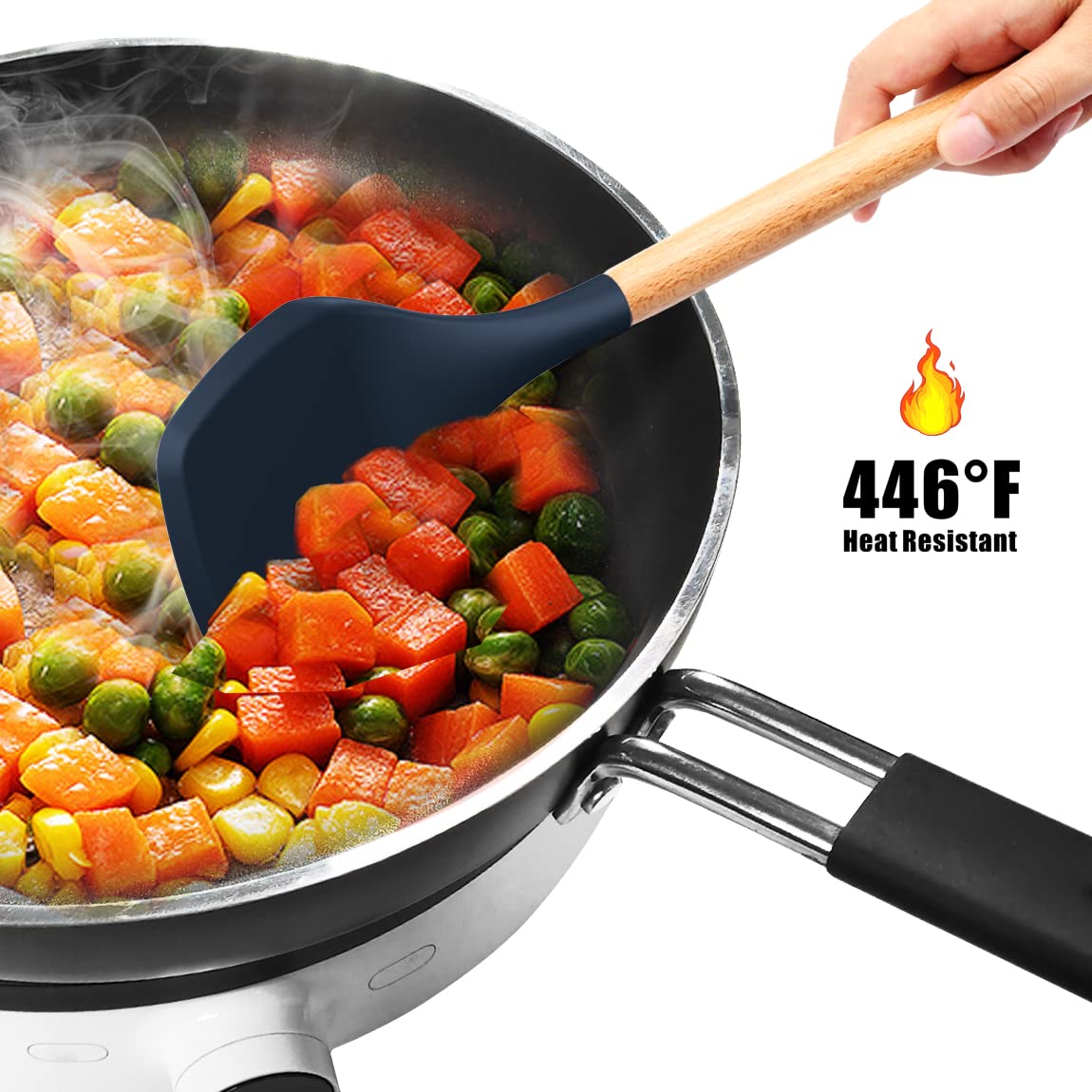 oannao Silicone Cooking Utensils Set - 446°F Heat Resistant Silicone Kitchen Utensils for Cooking,Kitchen Utensil Spatula Set w Wooden Handles, BPA FREE Gadgets for Non-Stick Cookware (Navy Blue)