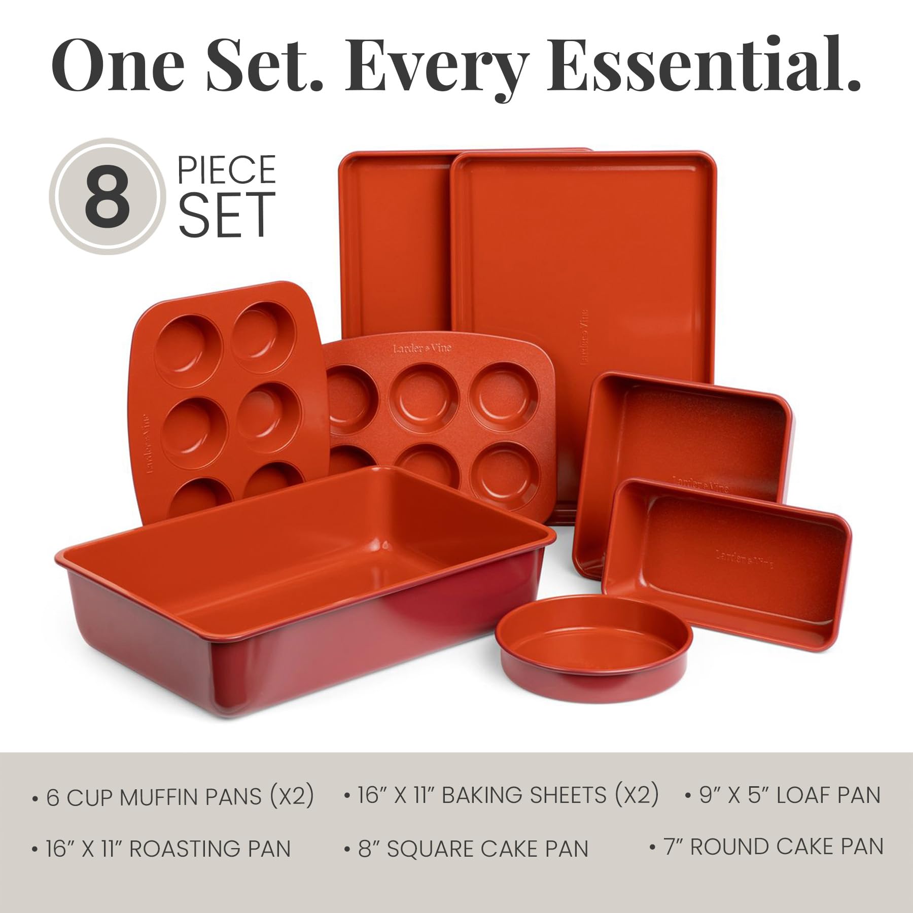 Larder & Vine 8-Piece Stackable Bakeware Set, Ceramic-Coated Nonstick Baking Pan Set, Non-Toxic, with Baking Sheets, Muffin Pan, Loaf Pan & Cake Pans, Cabernet