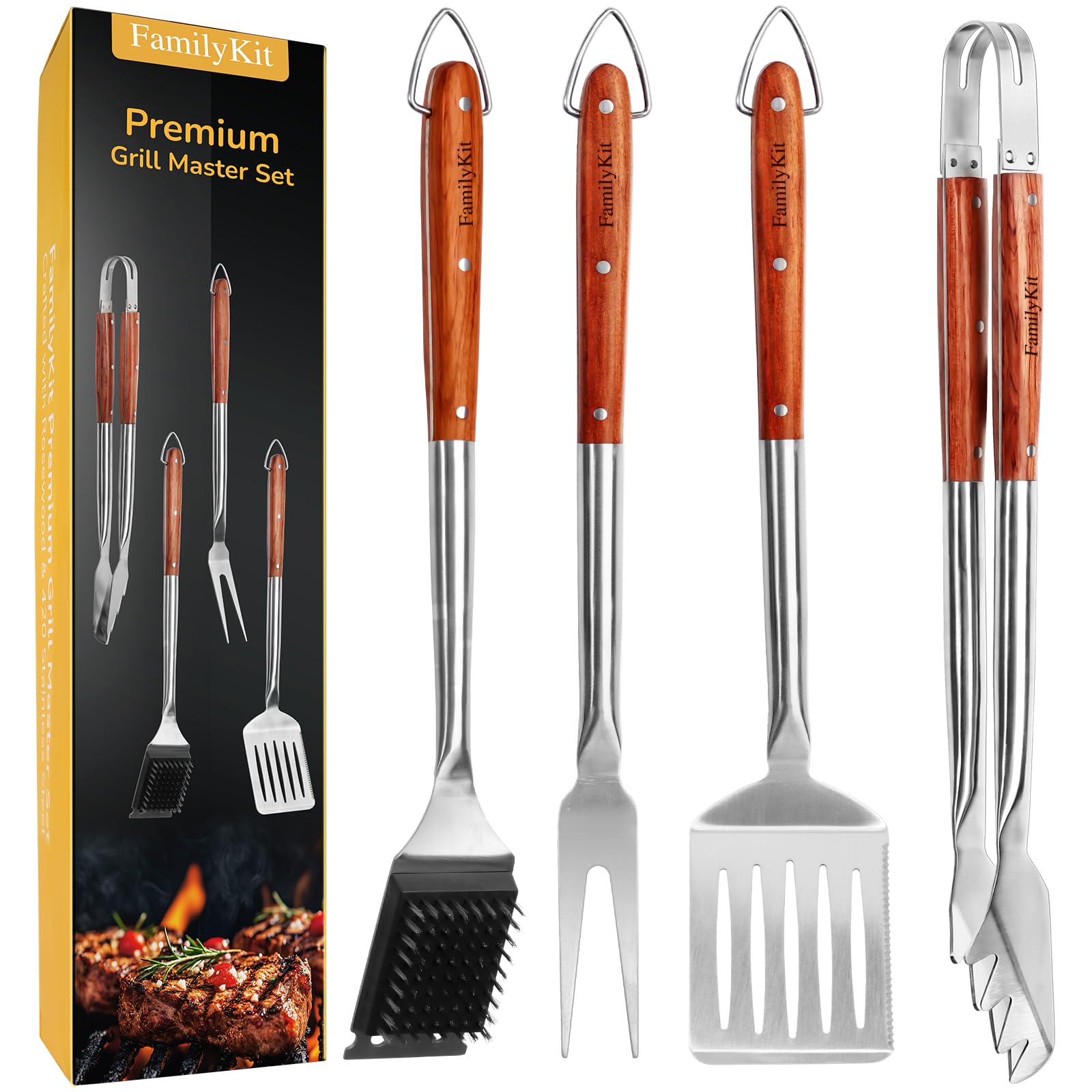 FamilyKit 4PCS Grilling Accessories Rose Wooden BBQ Grilling Tools Set