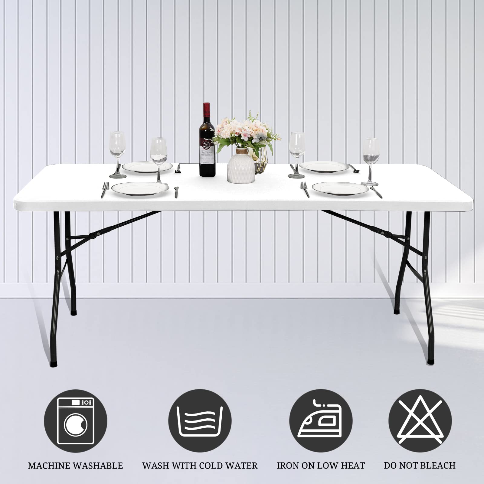 6 Pack Stretch Fabric Table Top Cap Cover, fits 6' Tables, Spandex Table Covers Washable Elastic Universal Rectangle Tablecloth Protector for Indoor Outdoor Party Picnic Wedding, White, 30" W x 72" L
