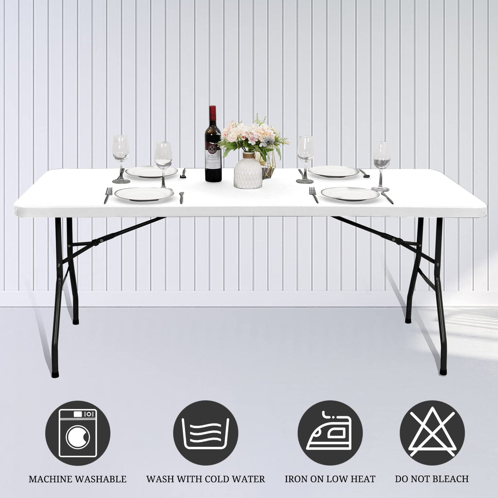 6 Pack Stretch Fabric Table Top Cap Cover, fits 8' Tables, Spandex Table Covers Washable Elastic Universal Rectangle Tablecloth Protector for Indoor Outdoor Party Picnic Wedding, White, 30" W x 96" L