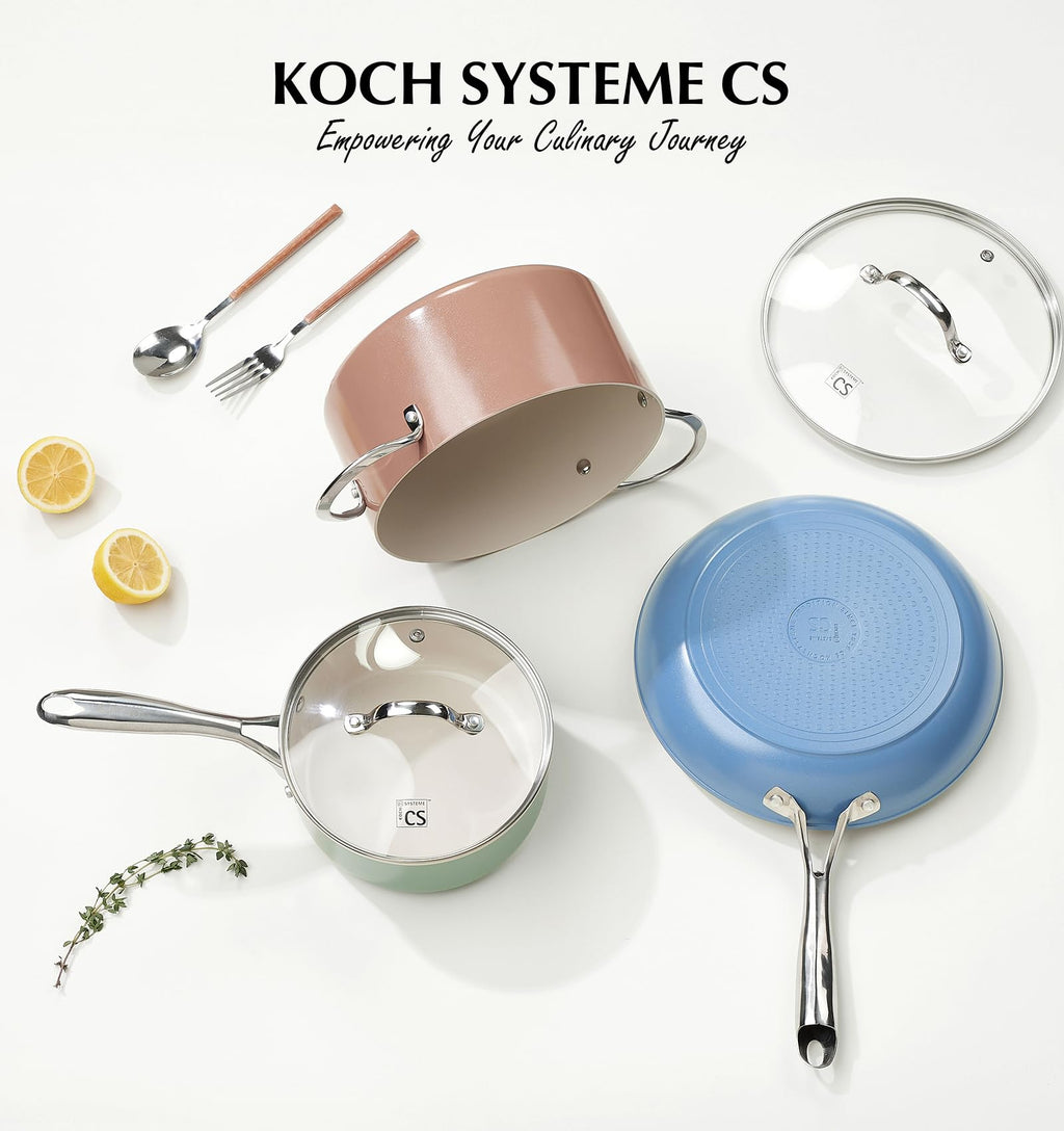 KOCH SYSTEME CS 10 Inch Ceramic Frying Pan with Lid, Non Stick Frying Pan with Stainless Steel Handle, Ceramic Skillet for Cooking, Induction Compatible Skillet, PTFE & PFOA Free, Oven Safe, Green