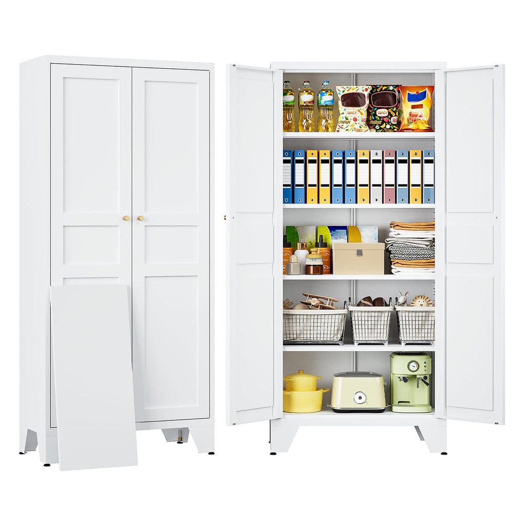 SISESOL 71" Tall Pantry Cabinet with 2 Doors and 5 Shelves,Kitchen Pantry Storage Cabinets,White Metal Storage Cabinet,Wide Deep Food Cupboard for Home,Kitchen,Dining/Living Room