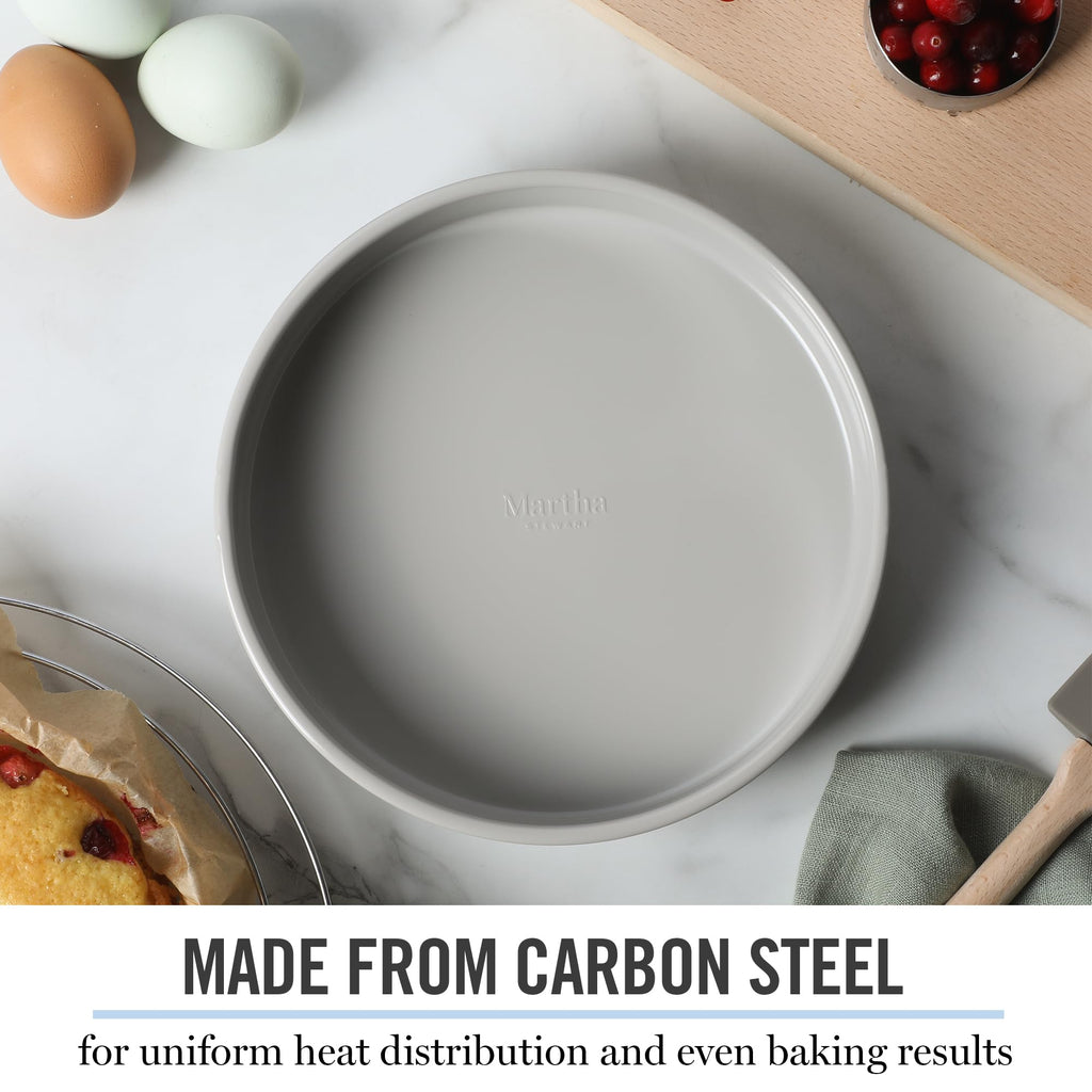 Martha Stewart Gallen 8 Inch Round Nonstick Carbon Steel Cake and Bake Pan – Cool Grey, Durable Bakeware for Even Baking and Easy Release