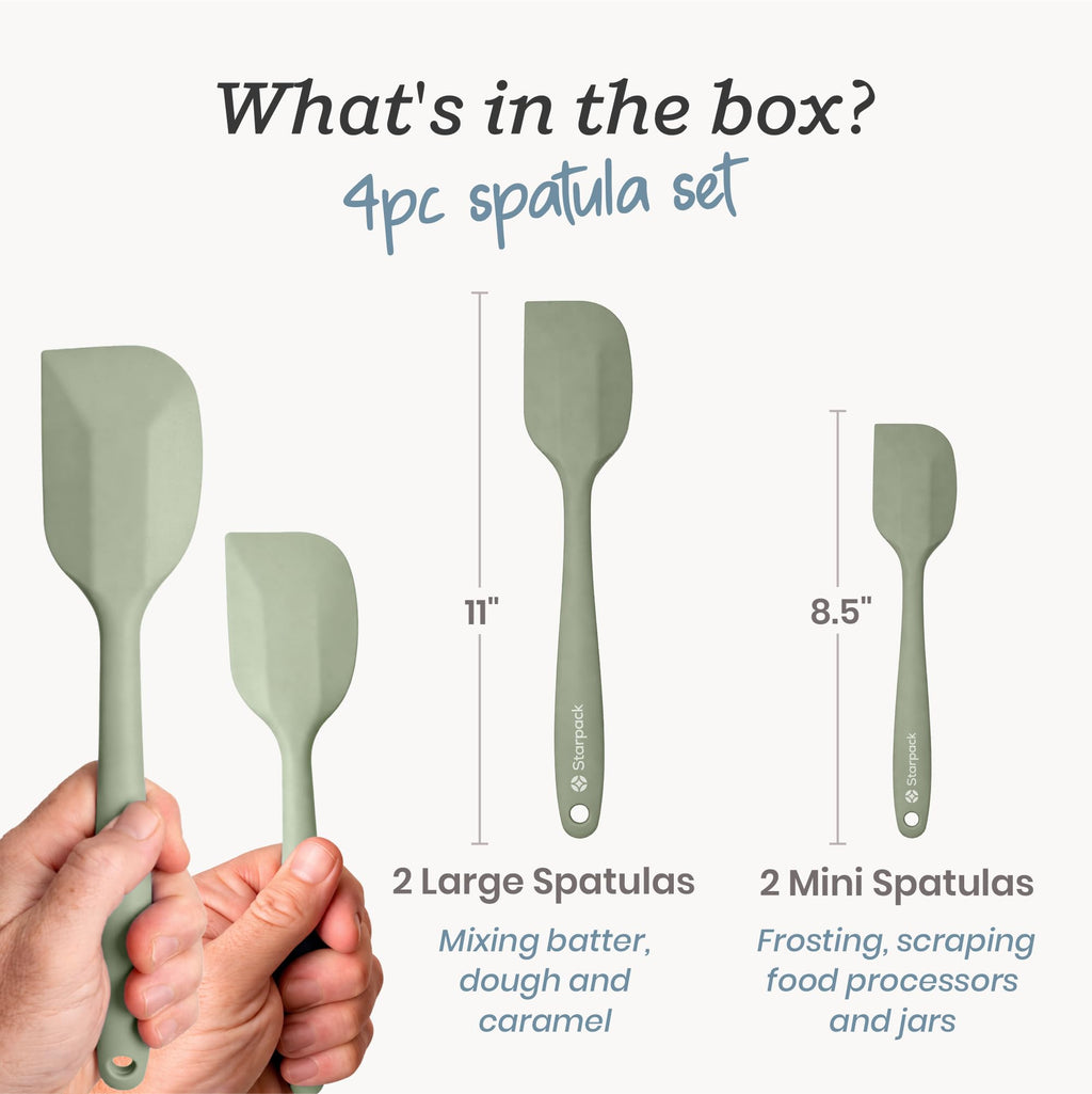 Starpack 'Scrape and Stir' Silicone Rubber Spatula Set (4-Piece) - LFGB Non Toxic, 600°F Heat Resistant, BPA-Free, One-Piece Kitchen Baking Spatulas - Dishwasher Safe for Nonstick Cookware Sage Green