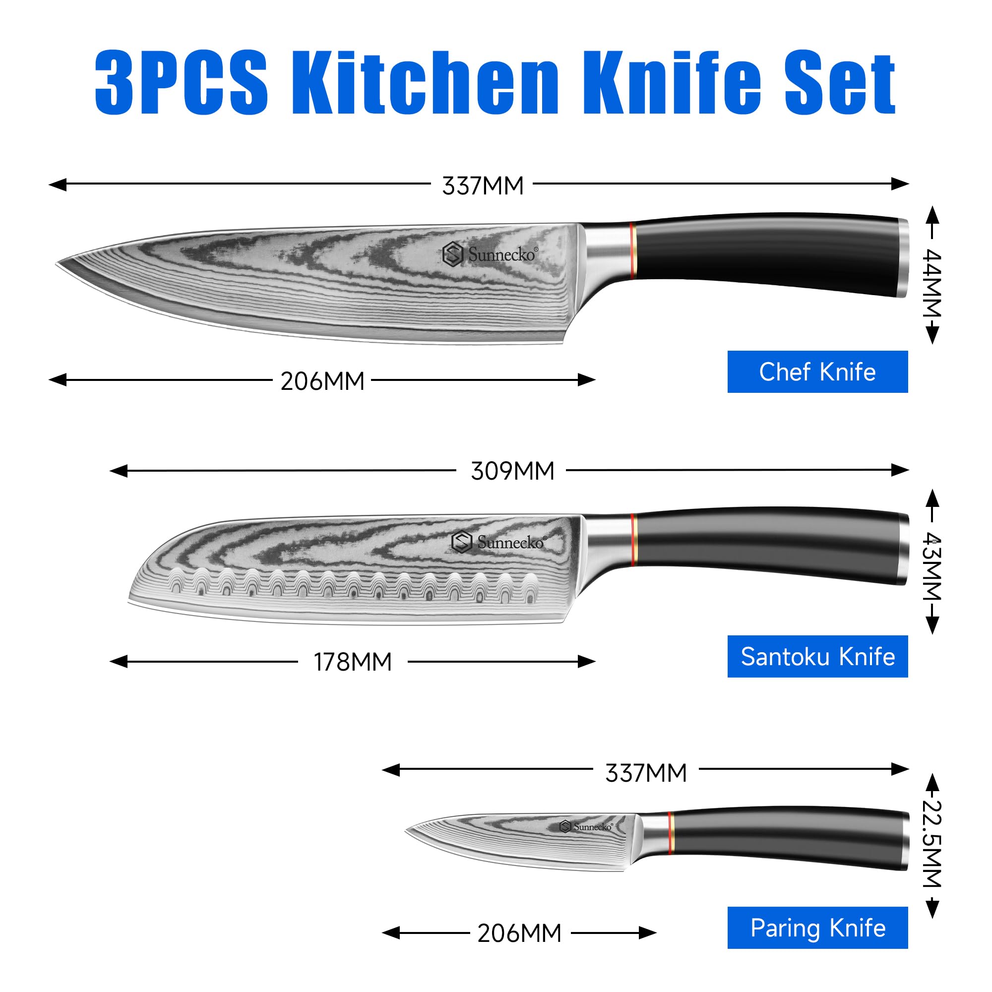 Sunnecko Damascus Knives Set,Japanese VG10 Core Steel Damascus 3PCS Chef Knife Set,Professional Razor Sharp Kitchen Knives Set with Knife Sharpner