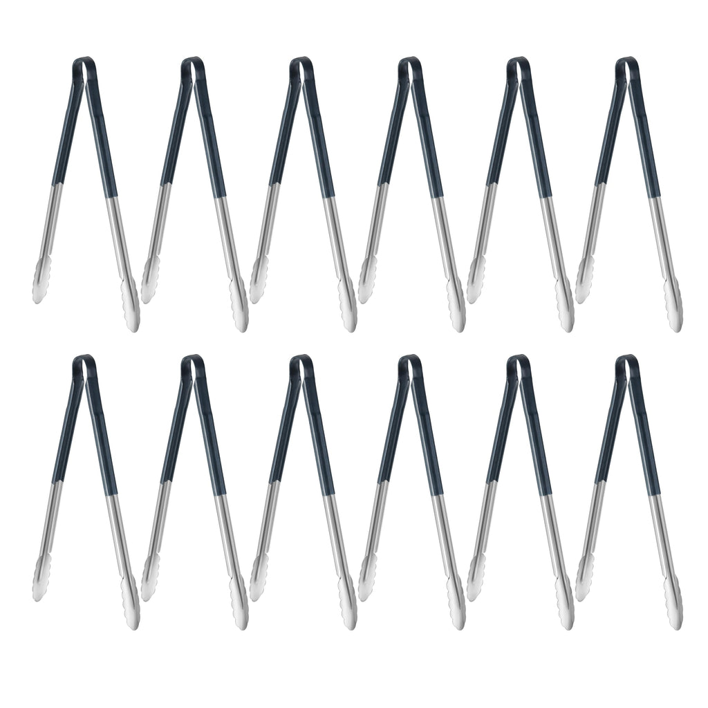 New Star Foodservice 35841 9-Inch Utility Spring Tongs, Stainless Steel, Vinyl Coated, Set of 12, Black