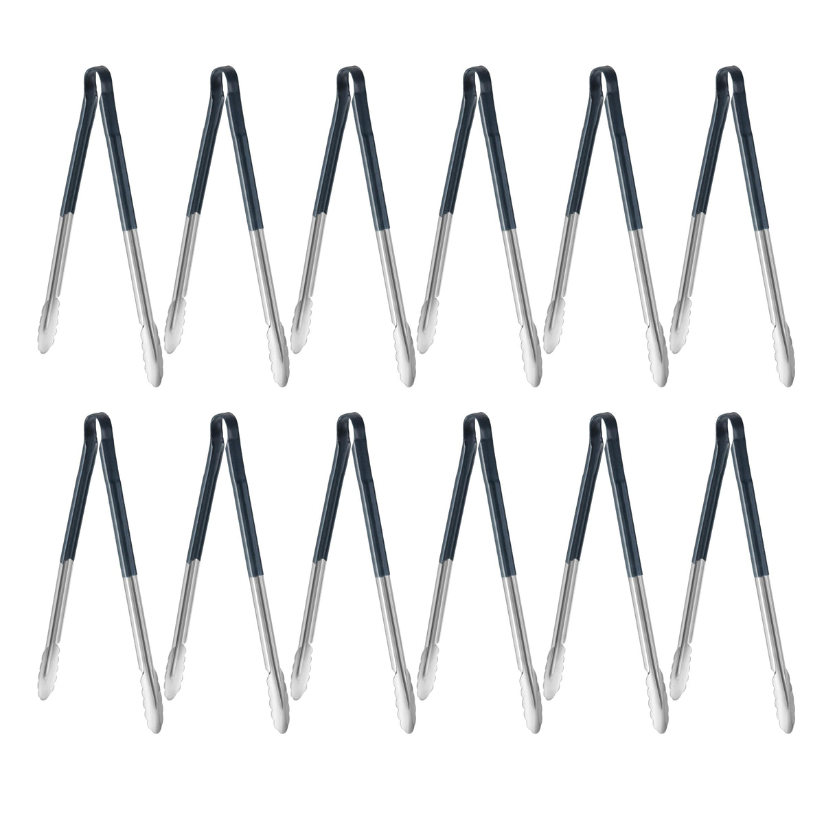 New Star Foodservice 35841 9-Inch Utility Spring Tongs, Stainless Steel, Vinyl Coated, Set of 12, Black