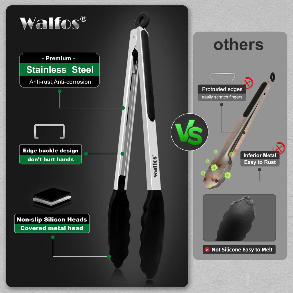 Walfos Kitchen Tongs - Heat Resistant Cooking Tongs Set of 3, Stainless Steel and BPA Free Silicone Tips, Great for Cooking, Grilling, Turning, 7" 9" and 12" (3 black silicone tongs)