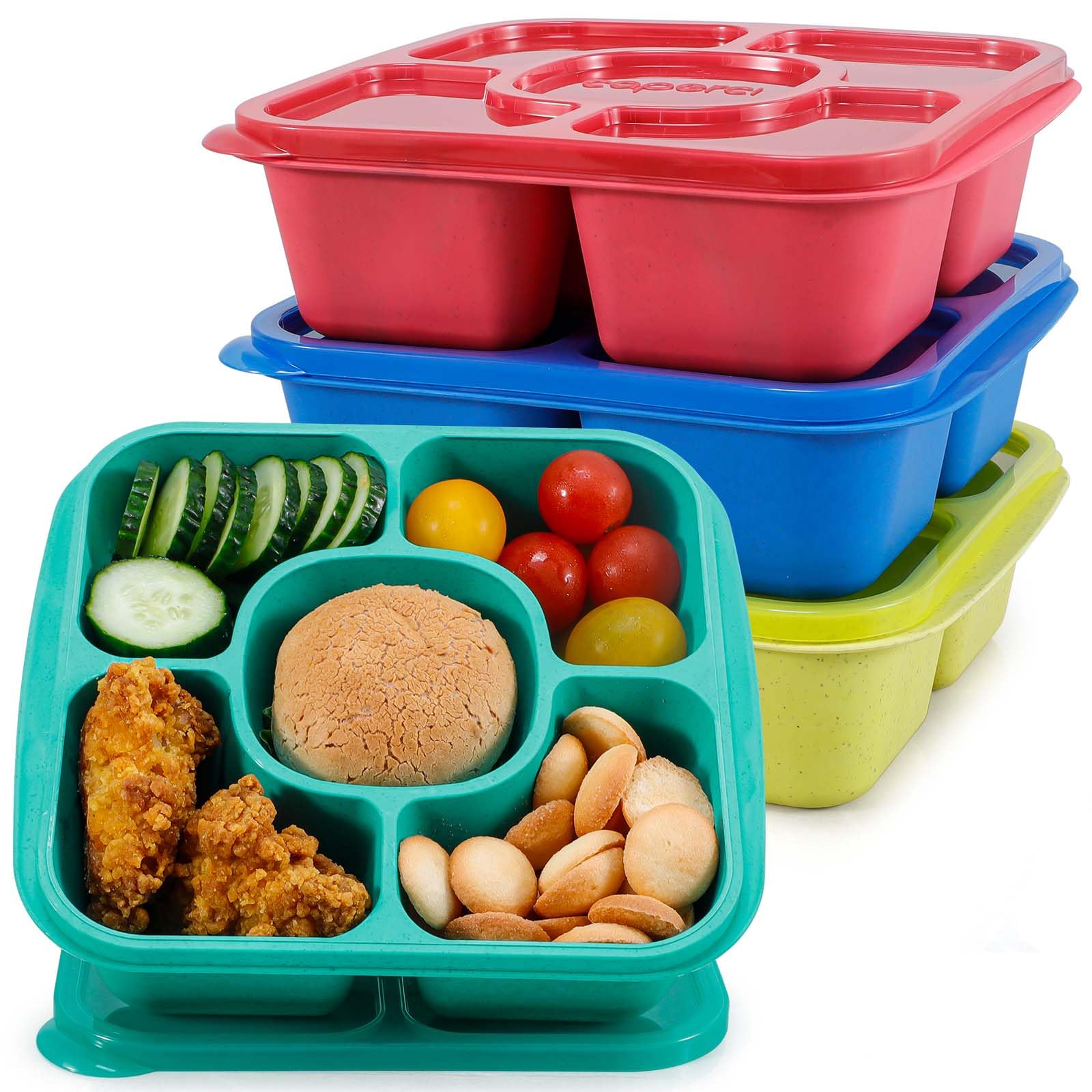 Caperci Original Bento Snack Box Containers - Reusable 5-Compartment Lunchable Food Storage Containers for School, Work and Travel, BPA-Free, Set of 4 (Jewel Bright)
