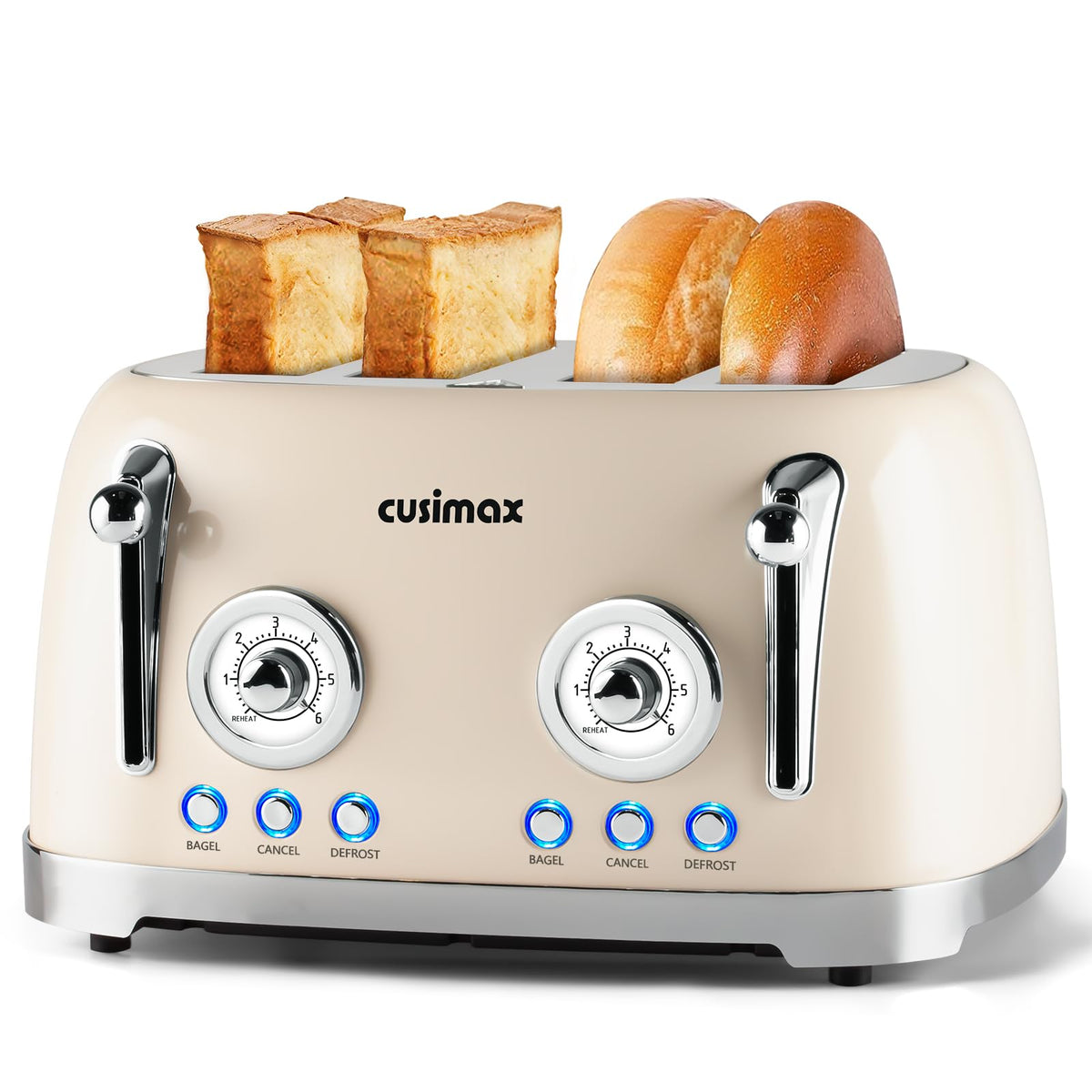 CUSIMAX Toaster 4 Slice, Retro Toaster with Wide Slots for Bagels, Cream