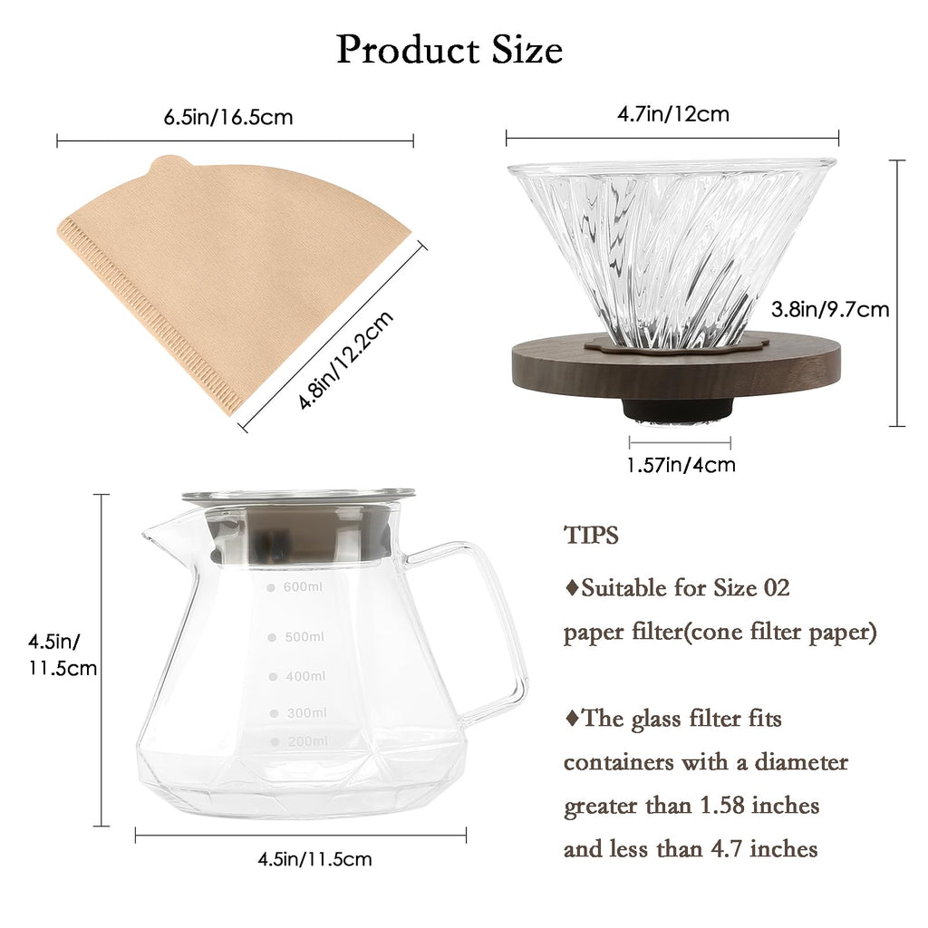 Lalord Pour Over Coffee Maker, 20 oz Borosilicate Glass Carafe with 100 pcs V60 Paper Filter, Walnut Handle & Glass Lid, Drip Coffee Maker for Home Café Restaurant Camping, 600 ml, Clear