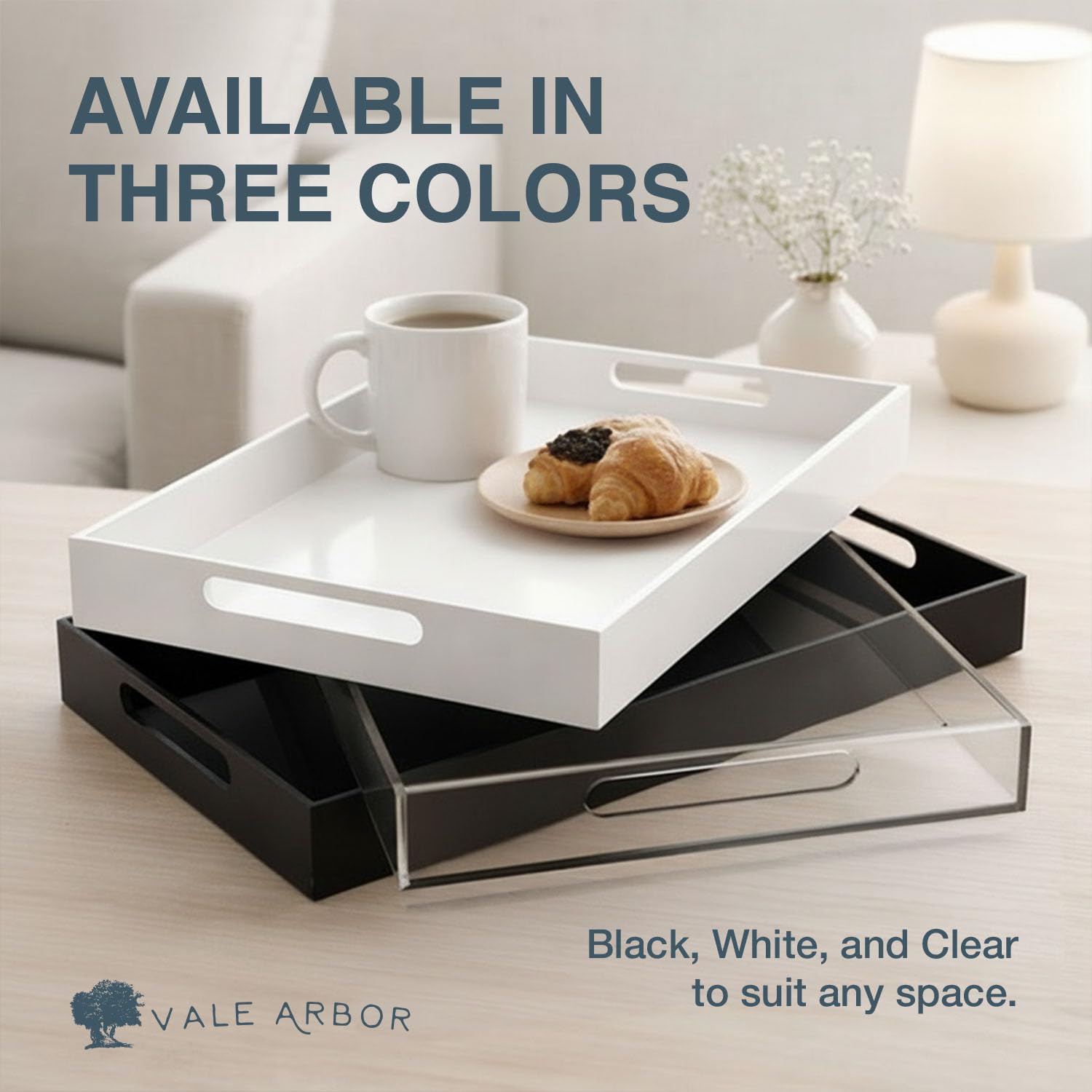 Black Small Acrylic Serving Tray 16x12, Waterproof Modern Coffee Table Tray with Handles, Decorative Rectangle Acrylic Organizers for Living Room, Bar Cart, Bathroom Decor & Vanity Desk Decor