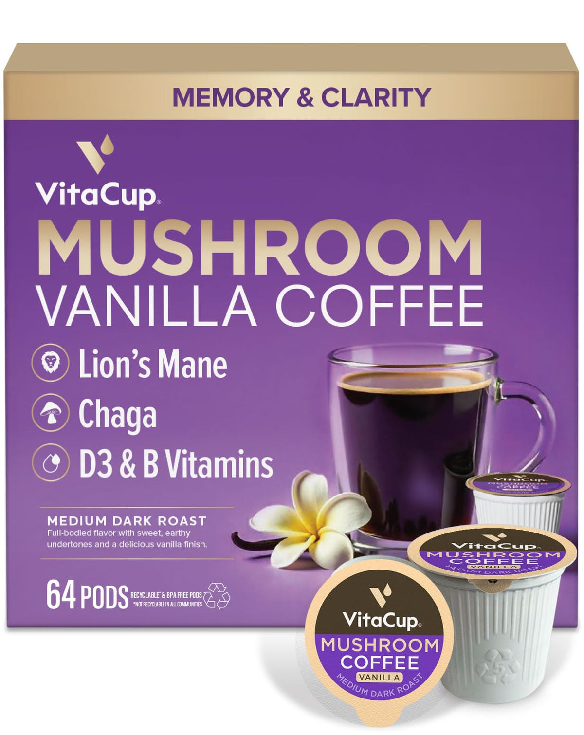 VitaCup Mushroom Coffee Pods, with Lions Mane for Memory & Clarity, 16ct