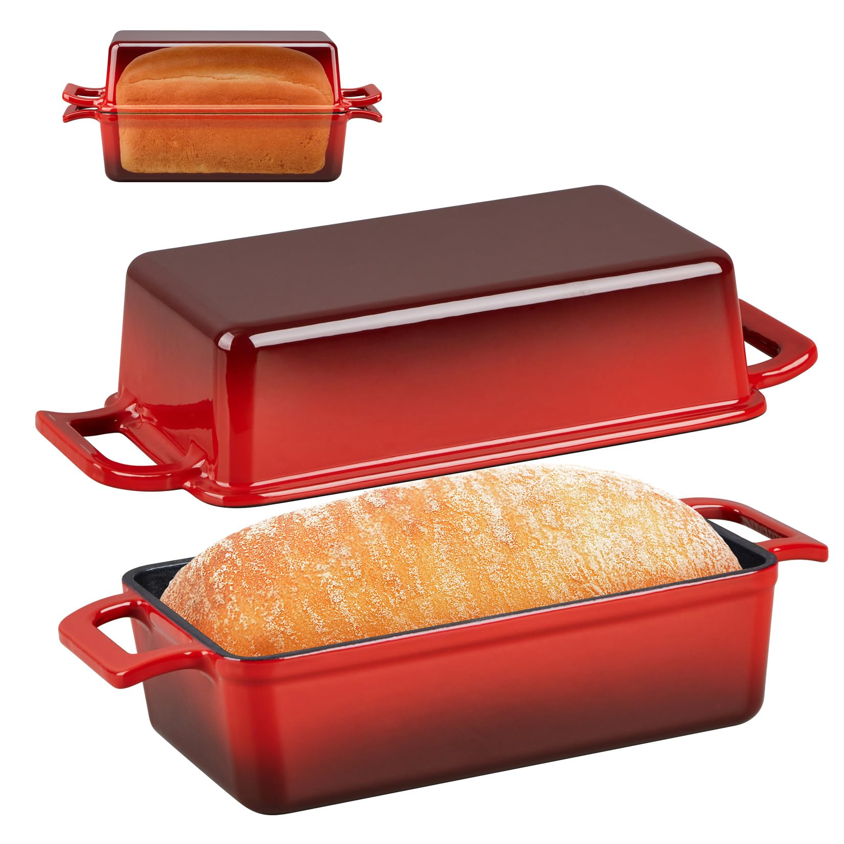 P&P CHEF 2-In-1 9 x 5 Inch Cast Iron Loaf Pan with Lid, Red
