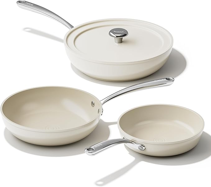 Redchef Ceramic Non Stick Frying Pans, Nonstick Frying Pan Skillet, Ceramic Egg Pan with Stay Cool Handle, Non Toxic Induction Pan for Cooking, PFOA & PFAS Free, Oven & Dishwasher Safe (8" Beige)