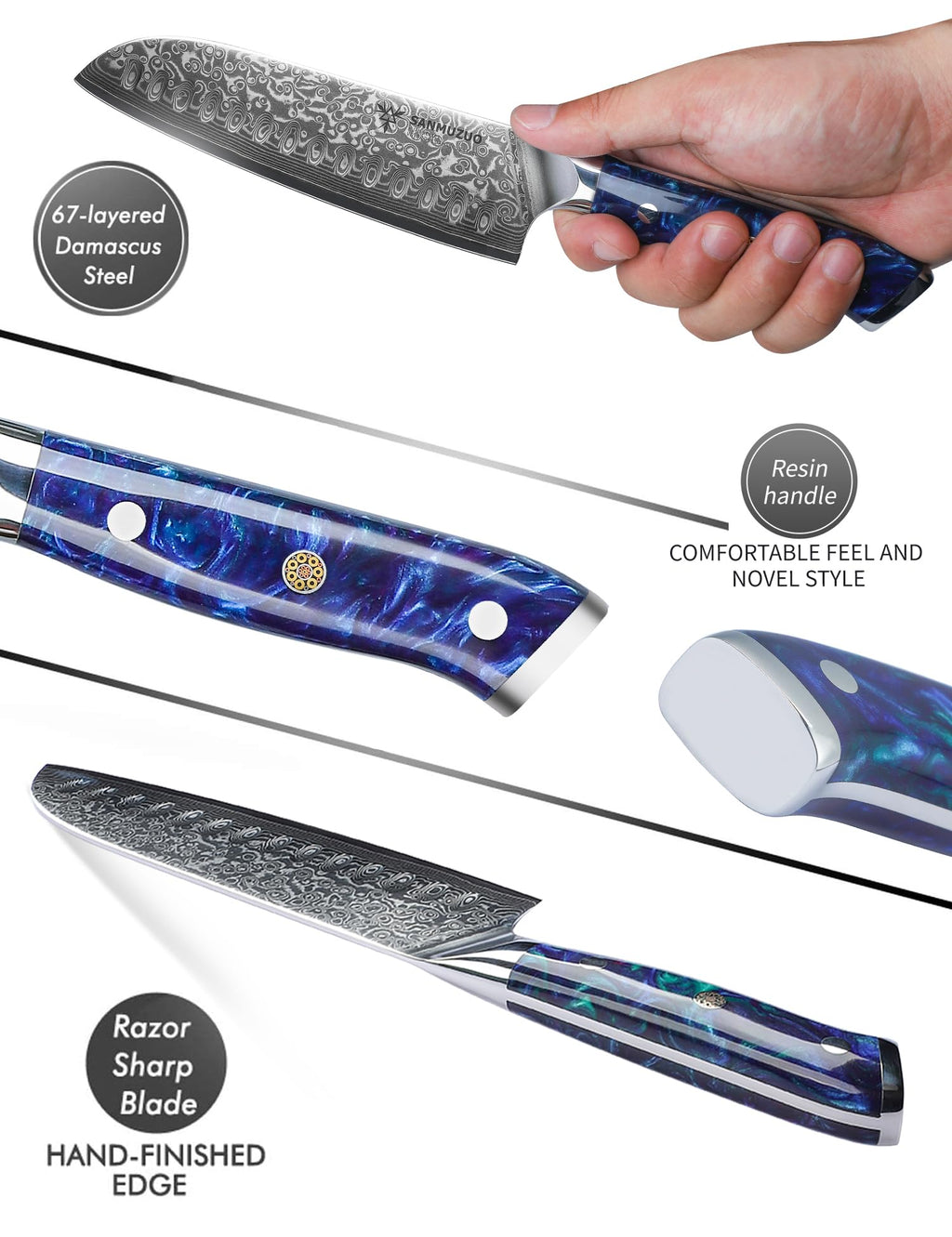 SANMUZUO Santoku Knife - 7 inch - Xuan Series - VG10 Damascus Steel Kitchen Knife - Resin Handle (Sapphire Blue)