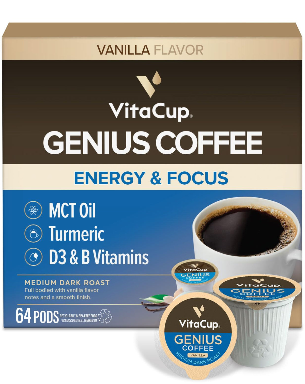 VitaCup Mushroom Coffee Pods, with Lions Mane for Memory & Clarity, 16ct